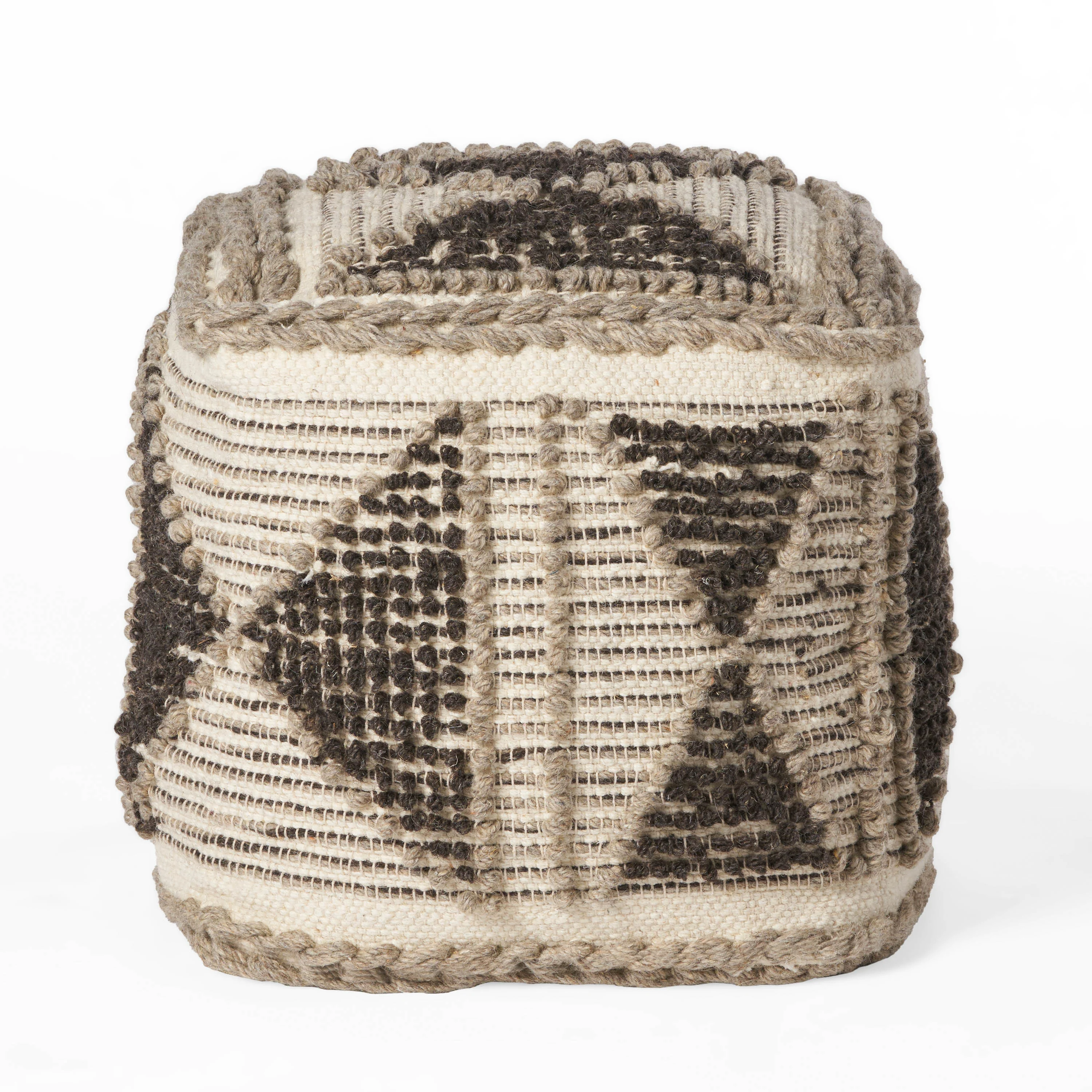 Sally Cube Pouf, Boho, Gray and Ivory Wool and Cotton - furnishings