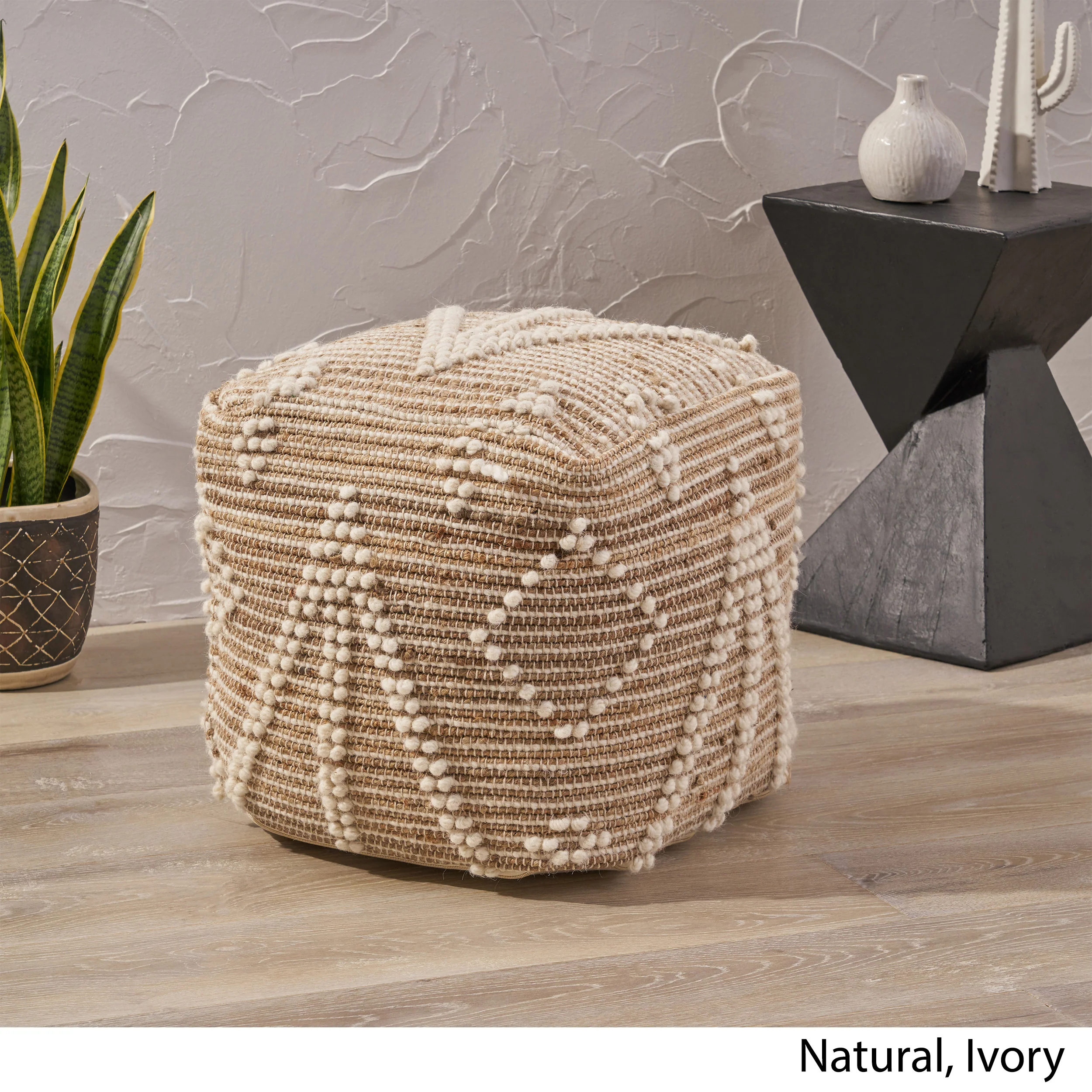 Khalila Boho Wool and Cotton Ottoman Pouf - furnishings