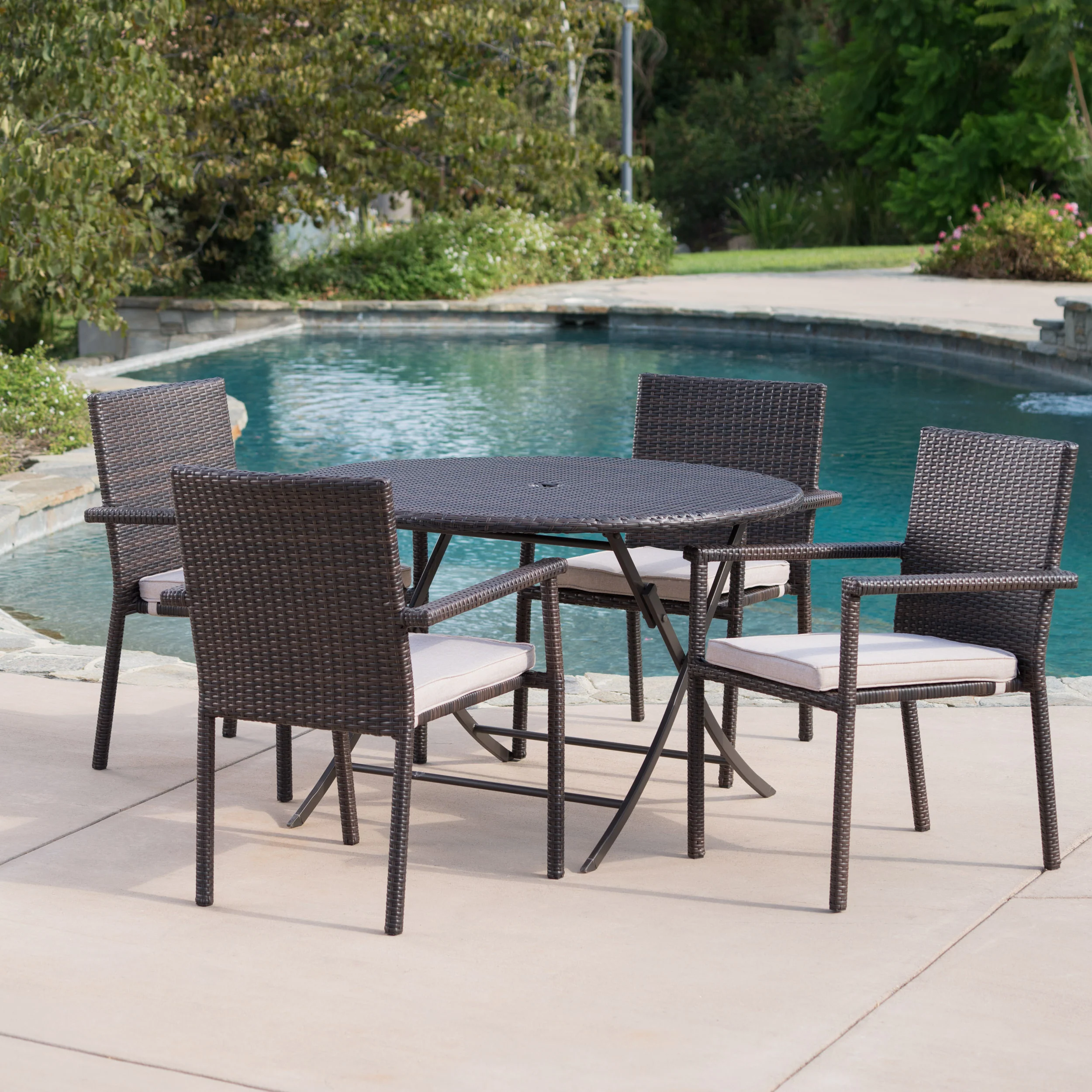 Adelante Outdoor 5 Piece Multi-brown Wicker Dining Set with Foldable Table - furnishings