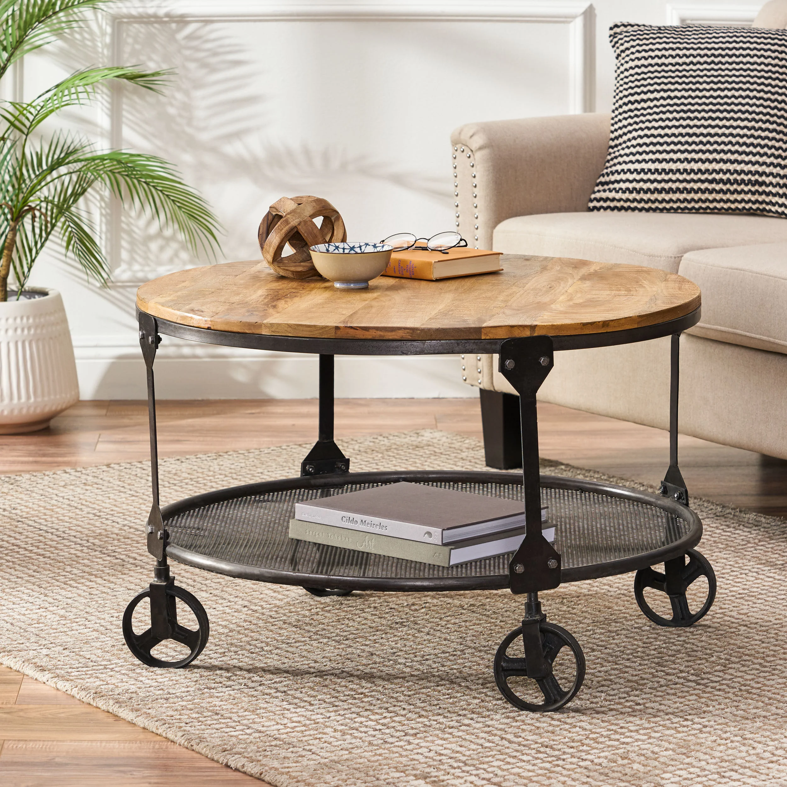 Senia Modern Industrial Handcrafted Mango Wood Coffee Table, Natural and Black - furnishings