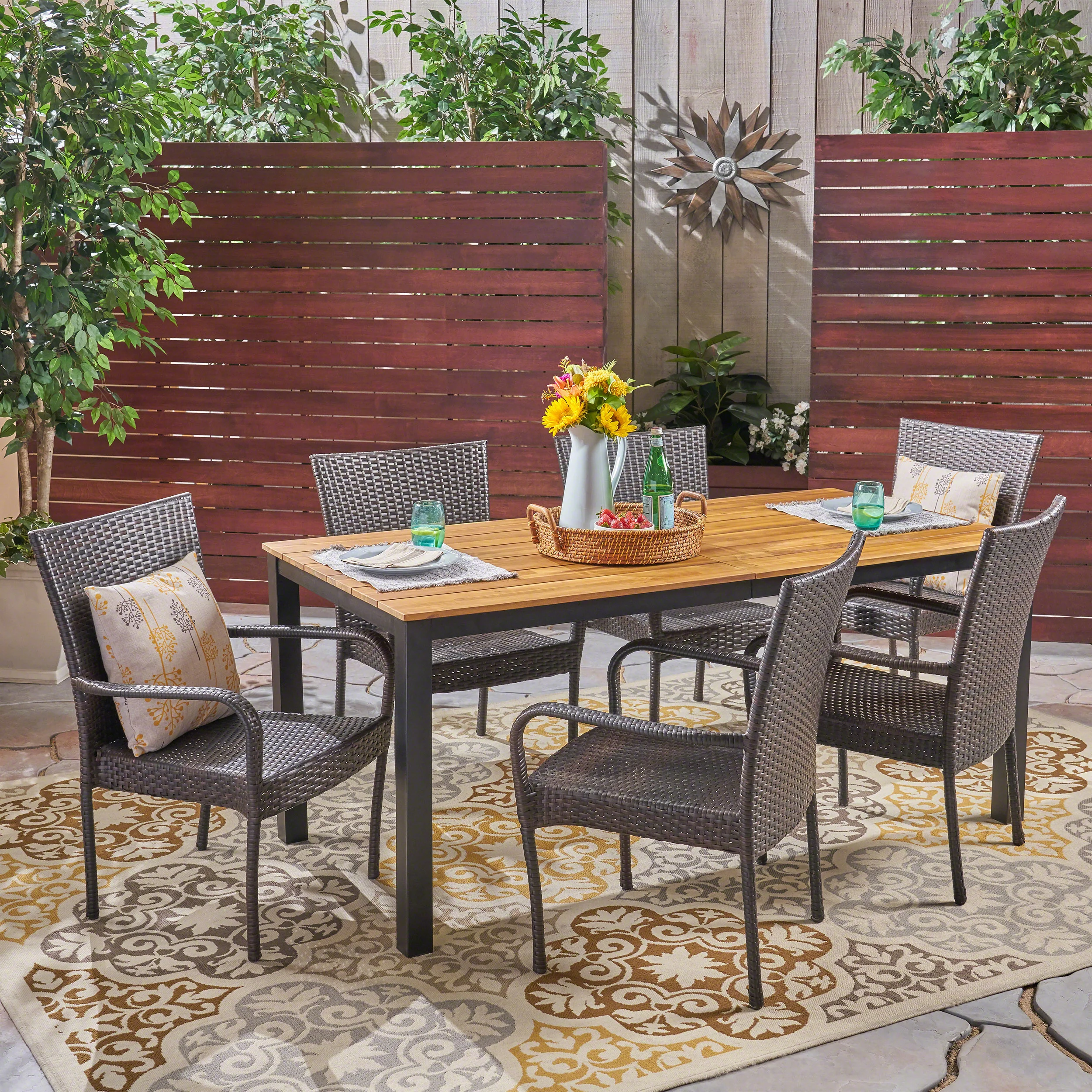 Una Outdoor 7 Piece Acacia Wood Dining Set with Stacking Wicker Chairs, Teak and Gray - furnishings