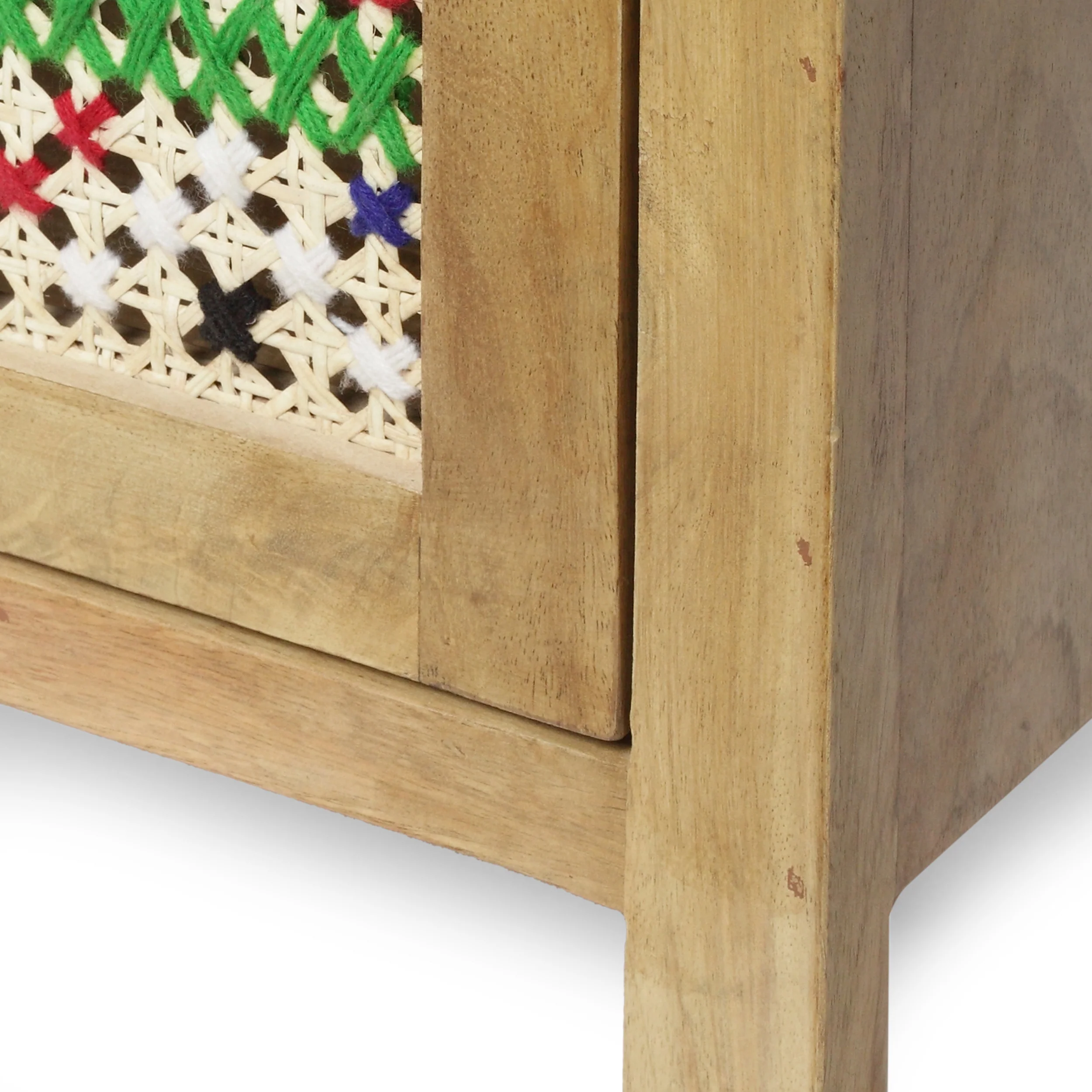 Reser Boho Handcrafted Mango Wood Nightstand with Wool Accents, Natural and Multi-Colored - furnishings