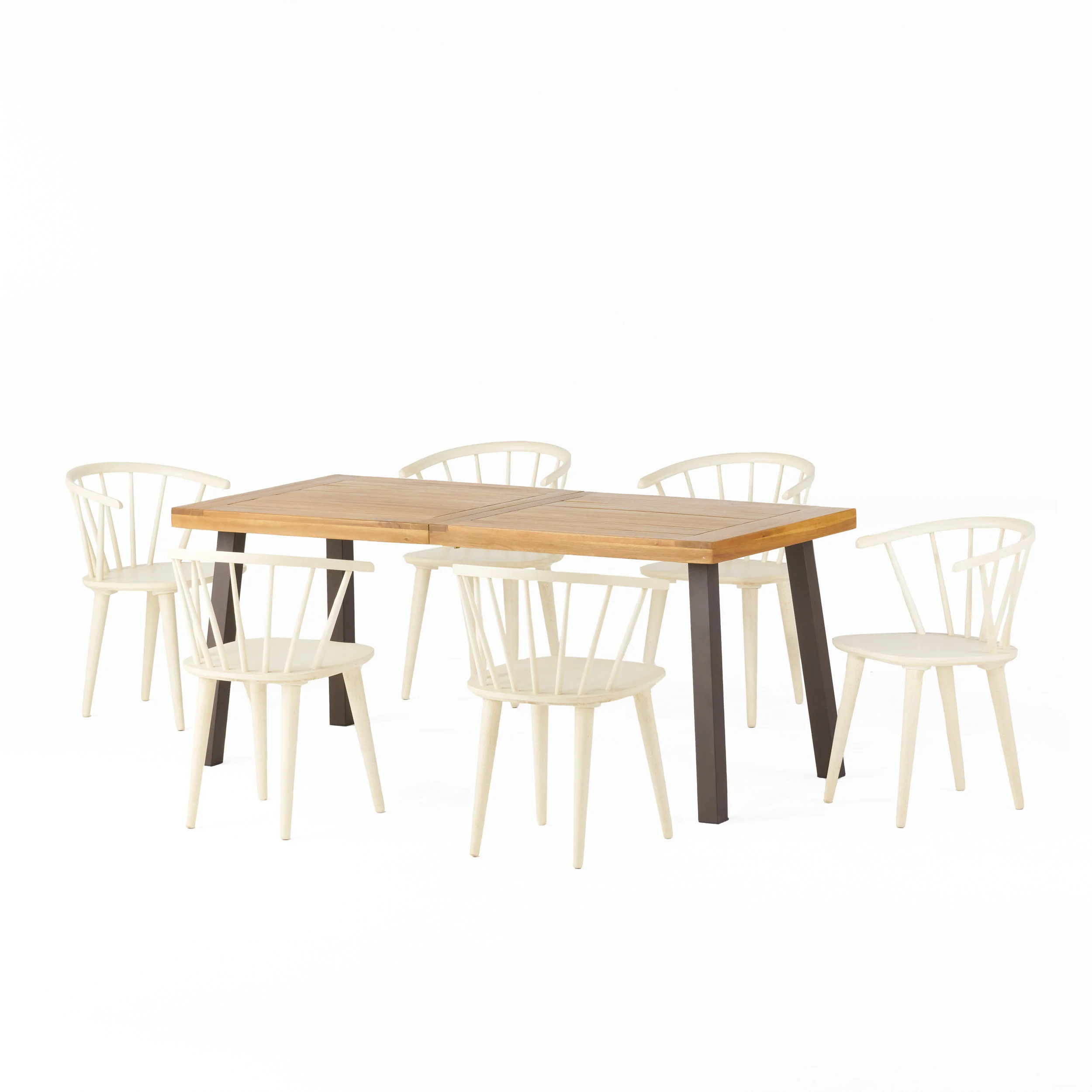 Hurlburt Farmhouse Wood and Iron 7 Piece Dining Set, Natural, Rustic Metal, and Cream - furnishings