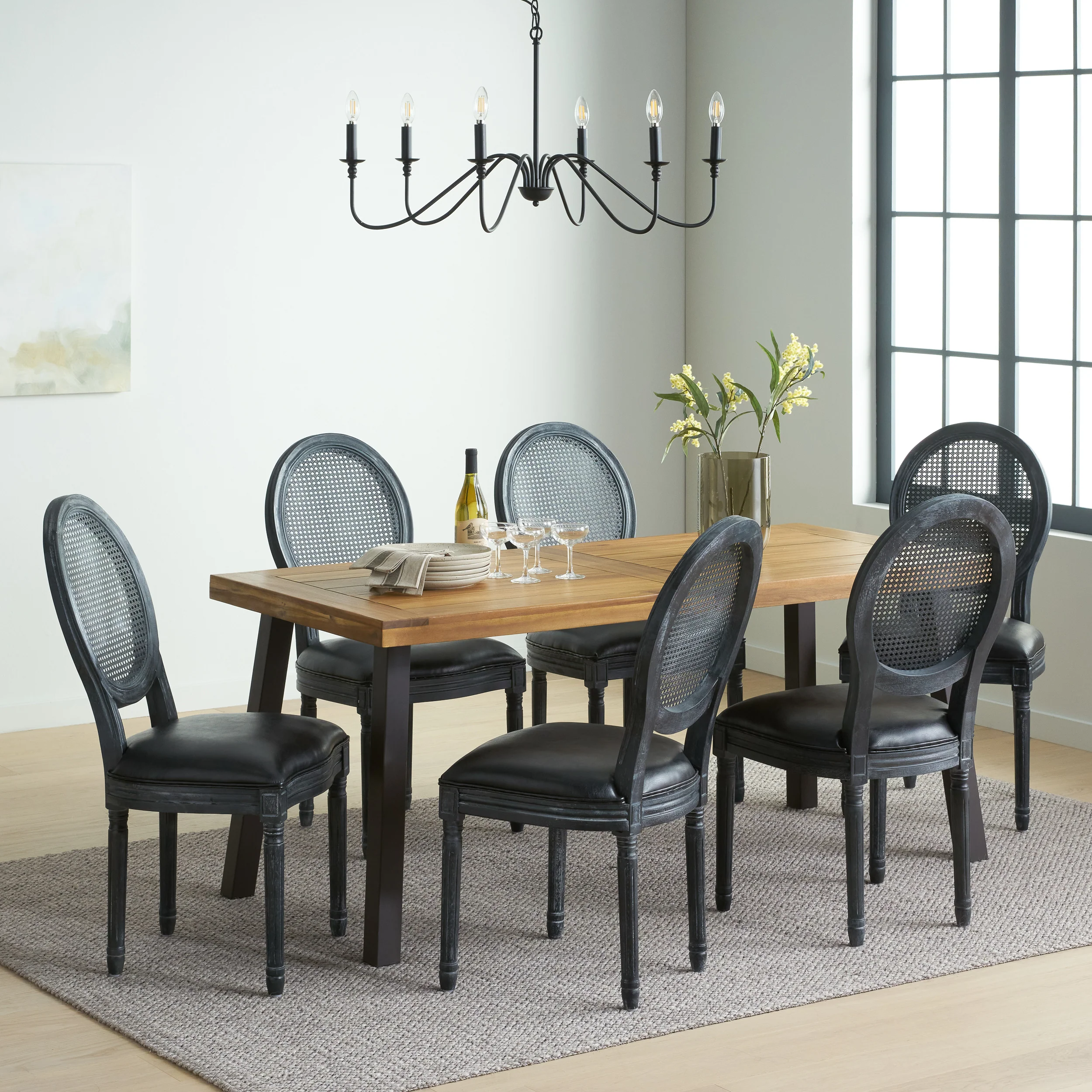 Warbler Farmhouse Faux Leather Upholstered Wood and Rattan 7 Piece Dining Set, Natural, Midnight Black, and Gray - furnishings