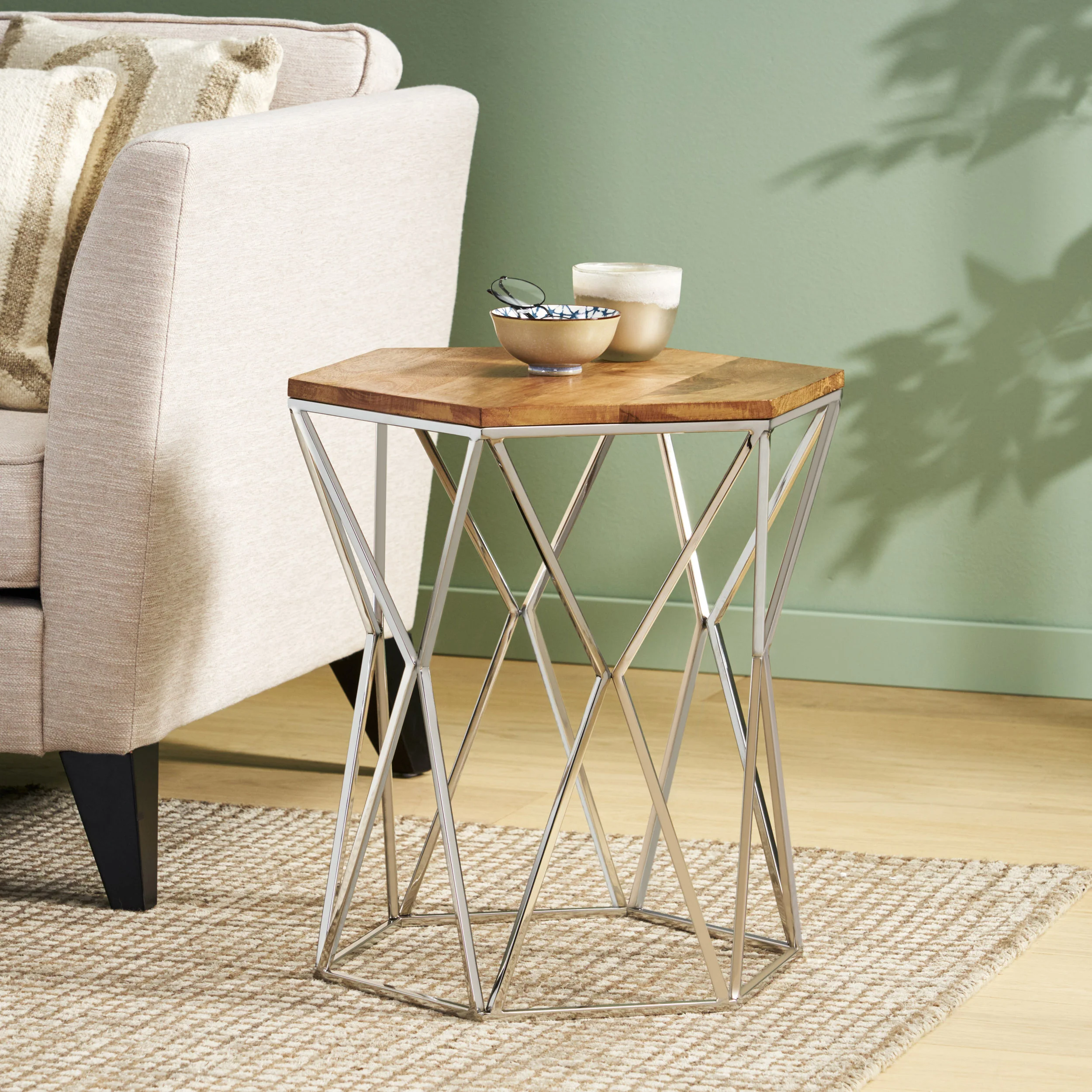 Bellion Rustic Glam Handcrafted Mango Wood Side Table, Walnut and Polished Nickel - furnishings