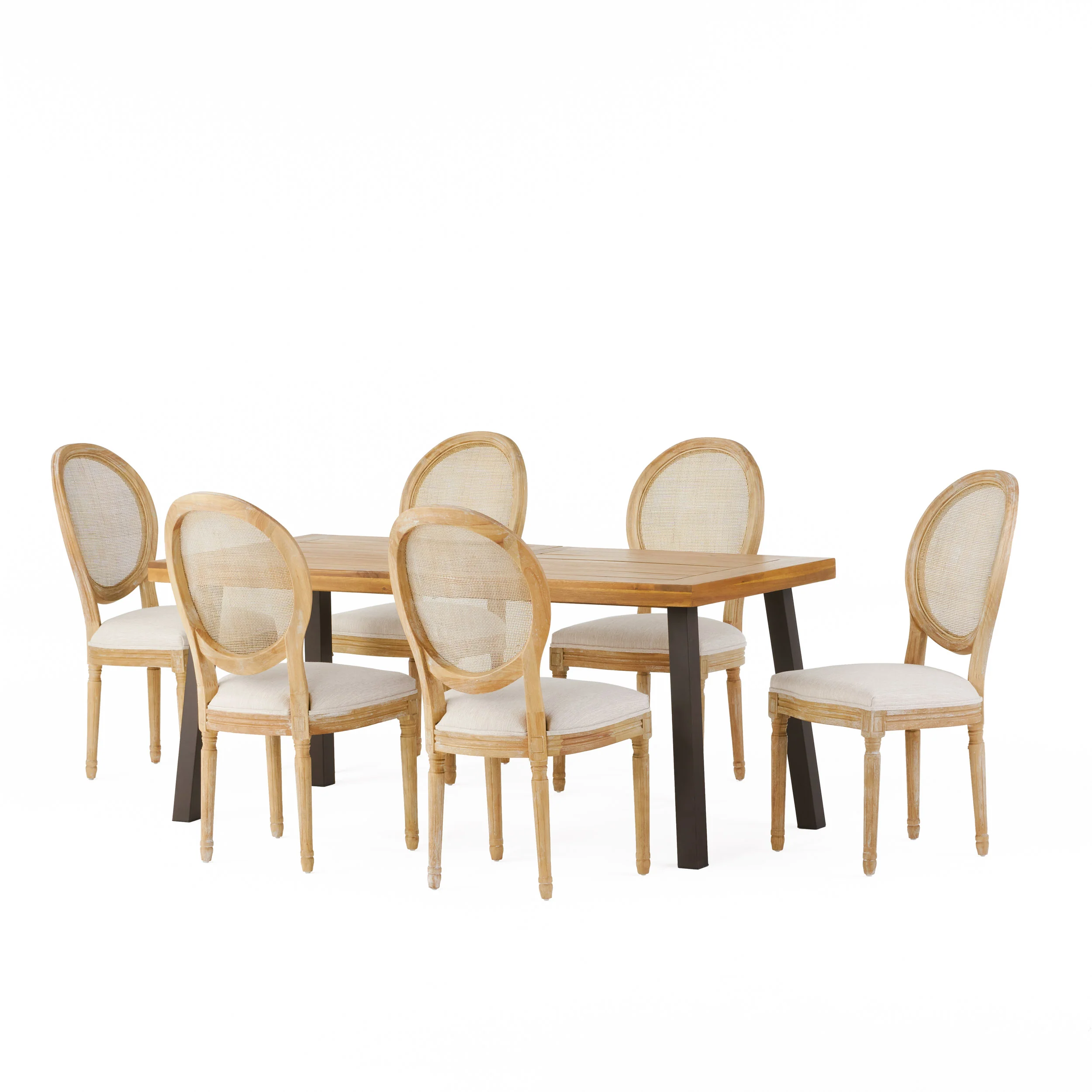 Karlene Farmhouse Fabric Upholstered Wood and Rattan 7 Piece Dining Set, Natural, Rustic Metal, and Beige - furnishings