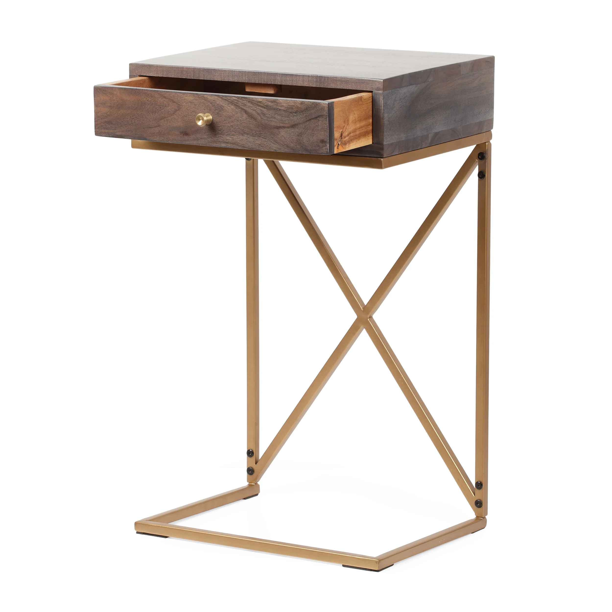 Darke Rustic Glam Handcrafted Acacia Wood C-Shaped Side Table, Dark Brown and Gold - furnishings