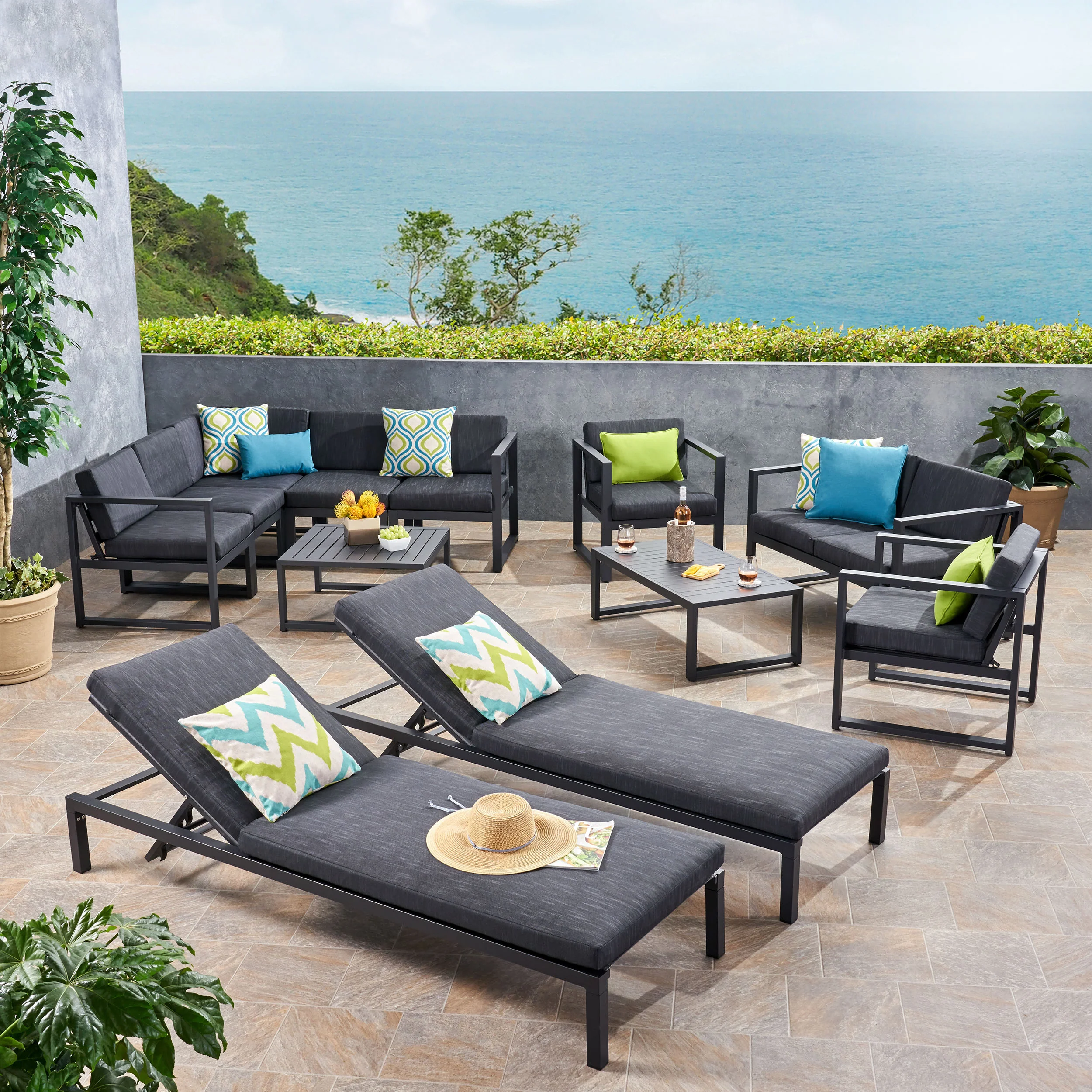 Nealie Outdoor 9 Seater Aluminum Sectional Sofa Set with Mesh Chaise Lounges - furnishings