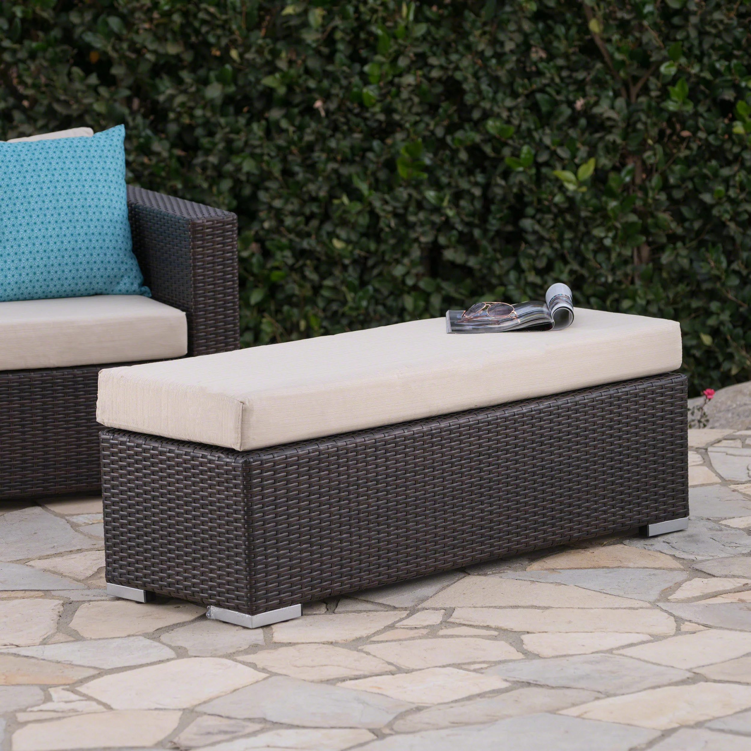 Santa Rosa Outdoor Wicker Bench with Water Resistant Cushion - furnishings