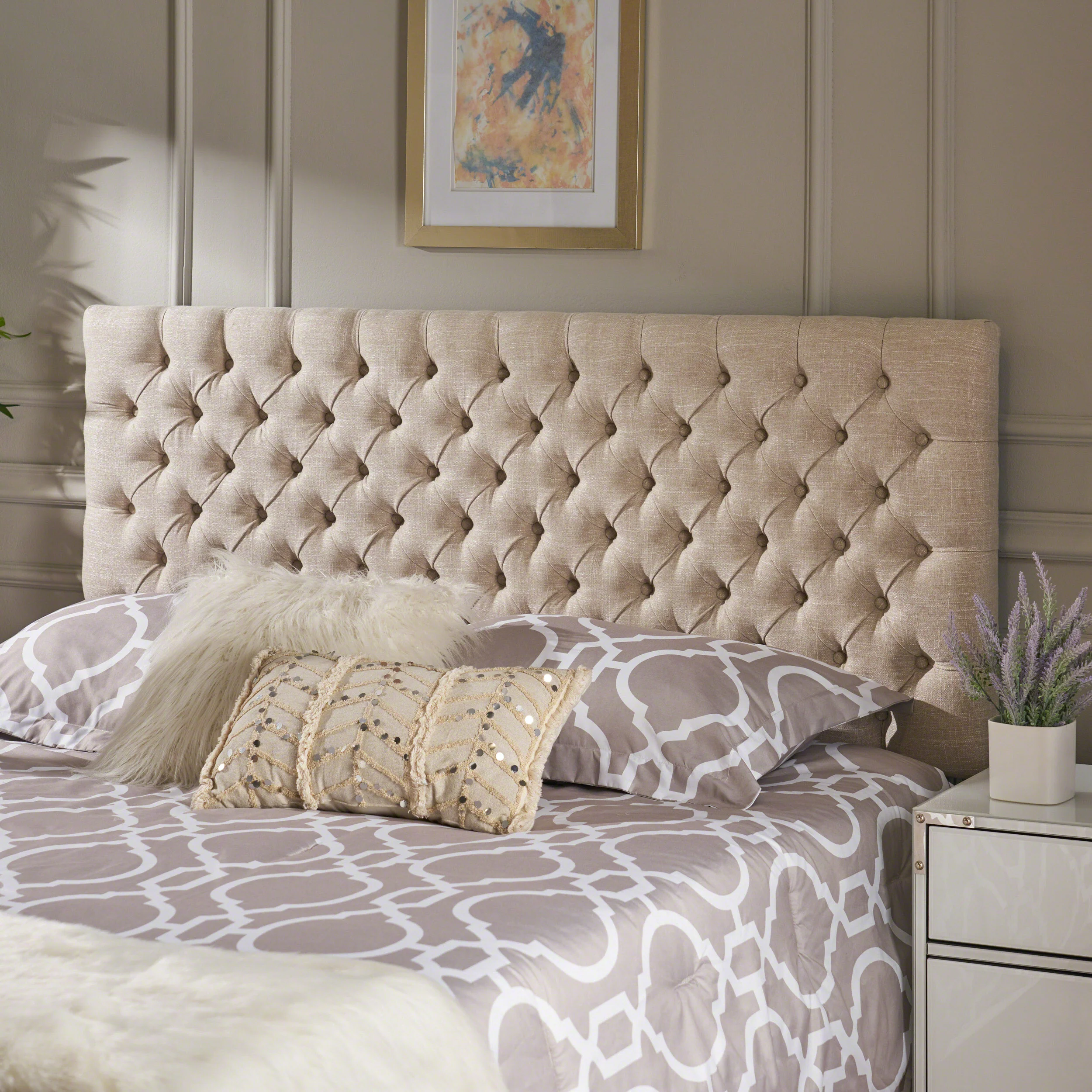 Wyoming Contemporary Button Tufted Light Beige Fabric Queen/Full Headboard - furnishings