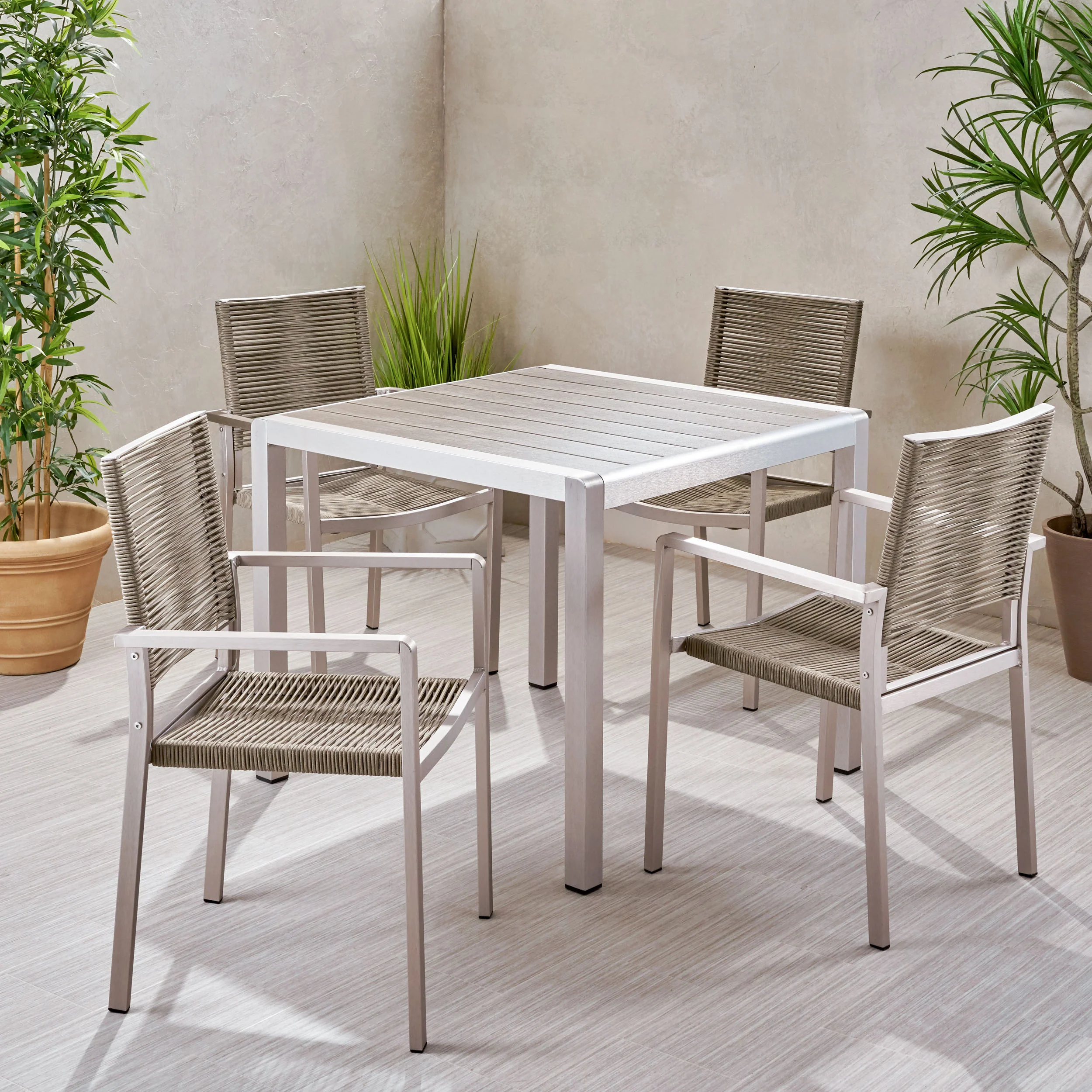 Danitza Outdoor Modern 4 Seater Aluminum Dining Set with Faux Wood Table Top - furnishings