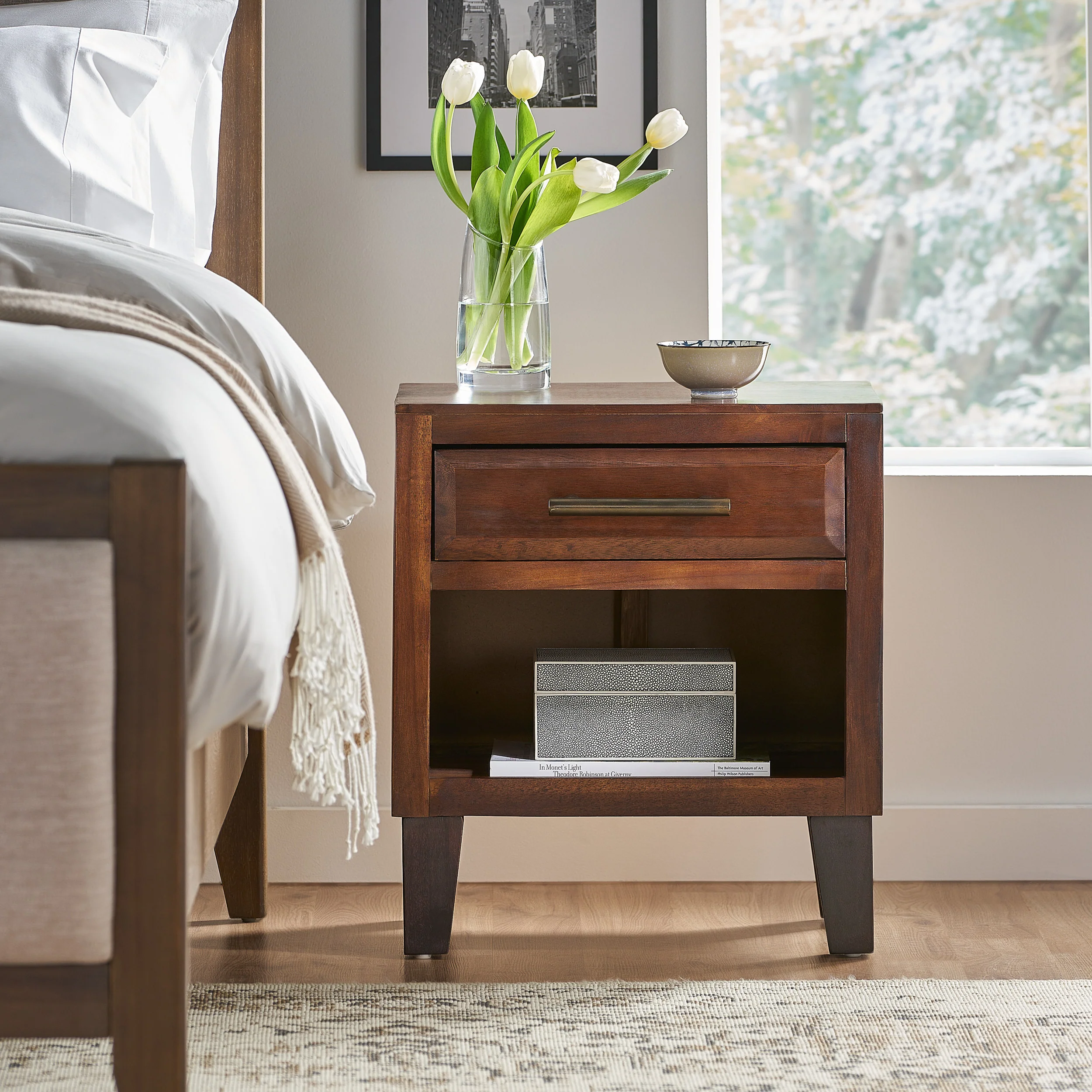 Glendora Brown Mahogany Solid Wood Single Drawer End Table Nightstand - furnishings