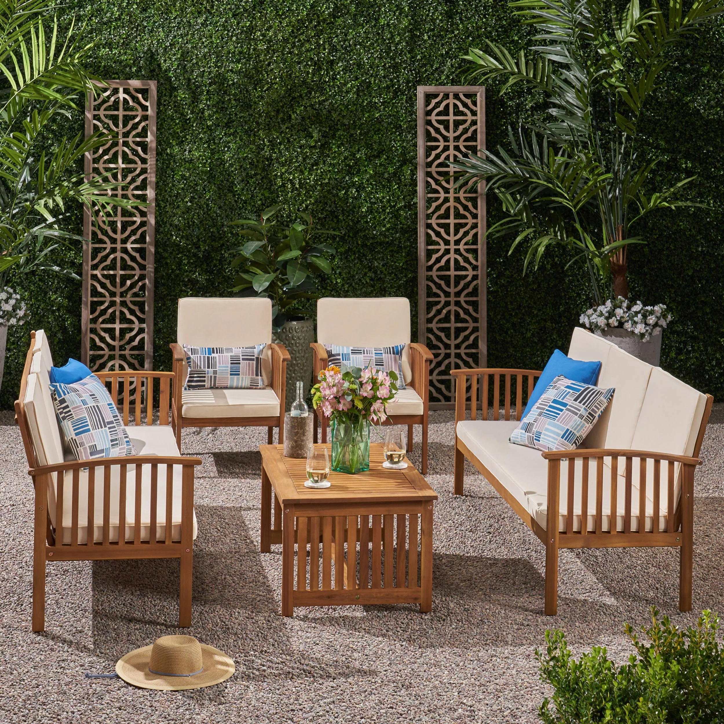 Fanny Outdoor 5 Piece Acacia Wood Sofa Conversational Set - furnishings