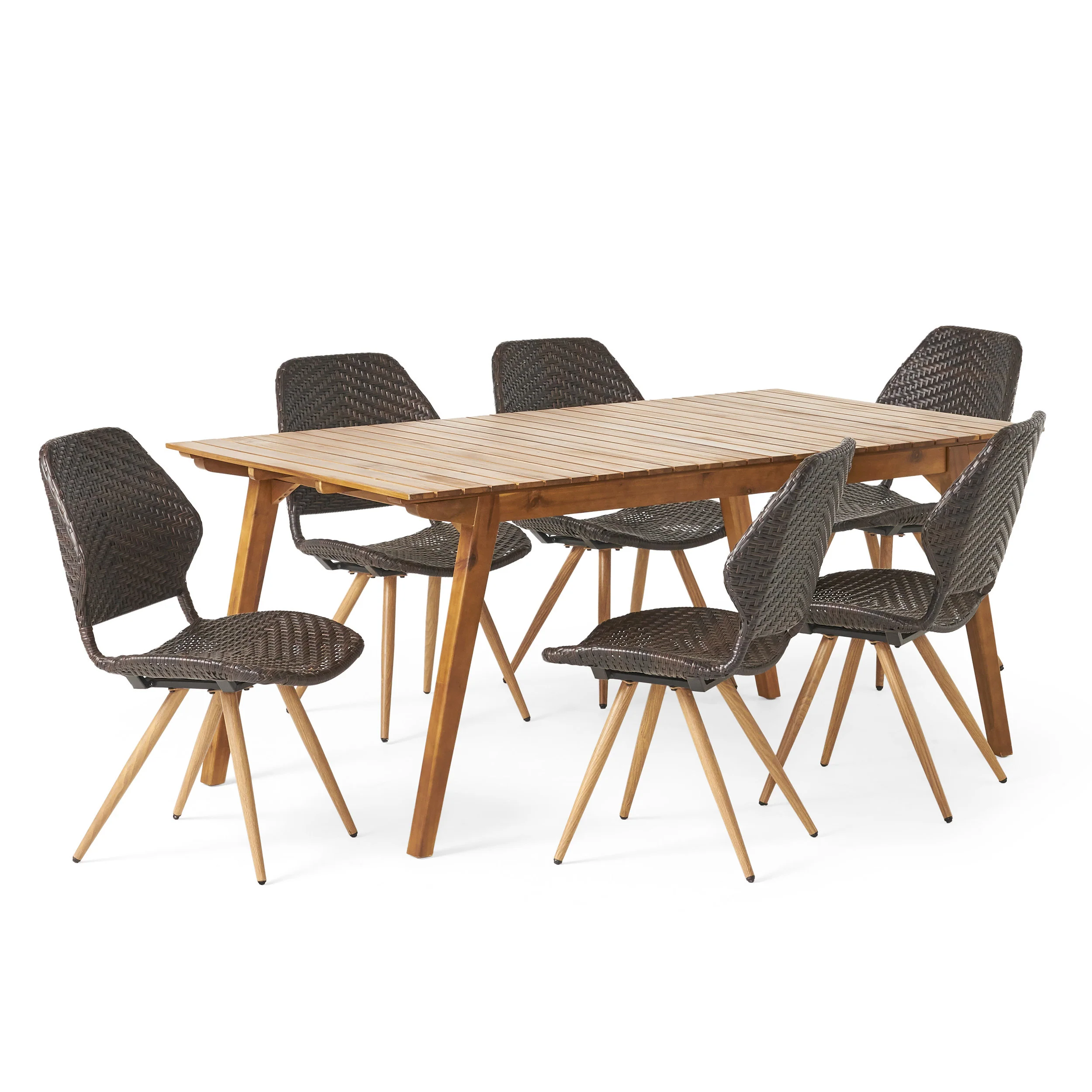 Kevin Outdoor 7 Piece Acacia Wood and Wicker Dining Set, Teak and Multibrown - furnishings