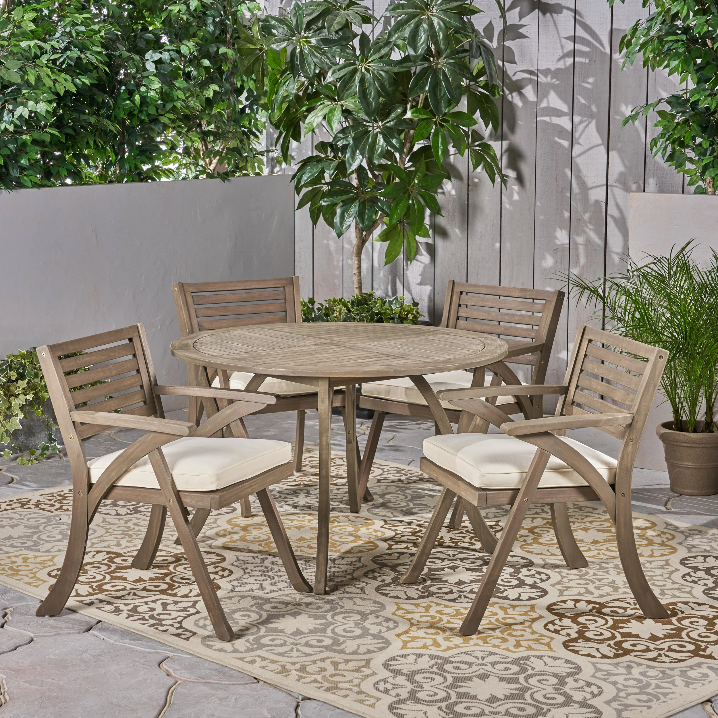 Hestia Outdoor 5 Piece Acacia Wood Dining Set with Round Table - furnishings
