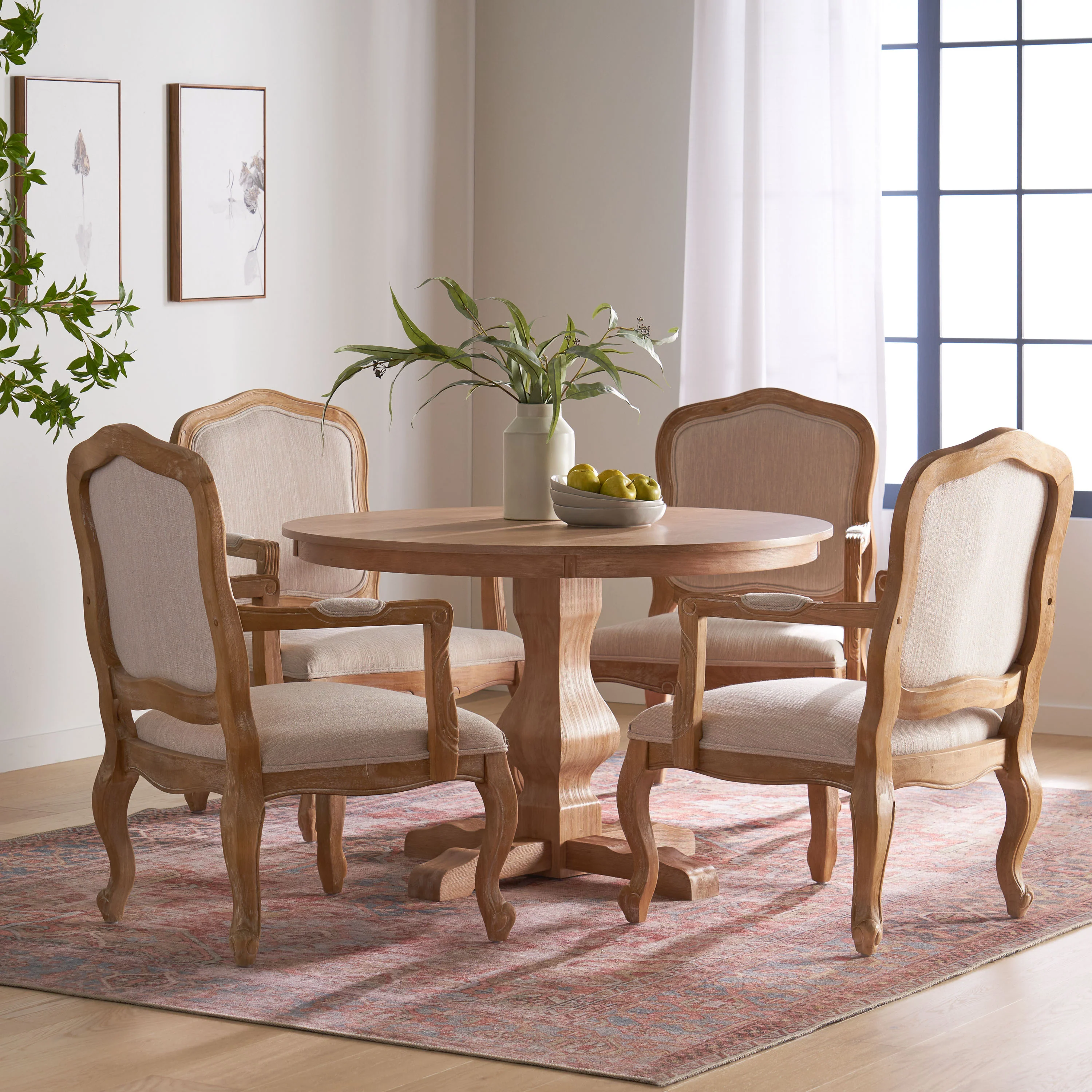Absaroka French Country Fabric Upholstered Wood 5 Piece Circular Dining Set - furnishings