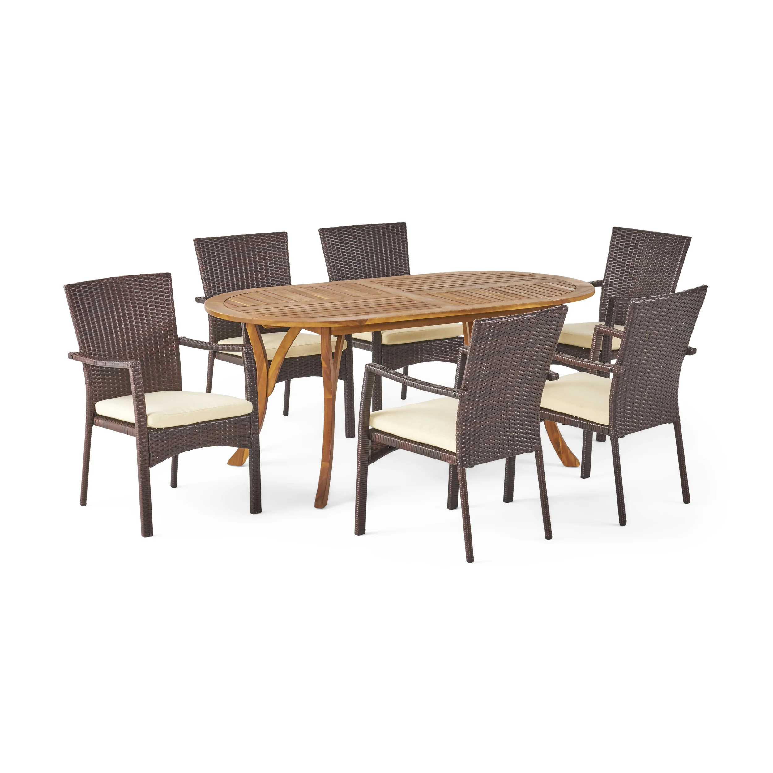 Polk Outdoor 7 Piece Acacia Wood and Wicker Dining Set, Teak with Brown Chairs - furnishings