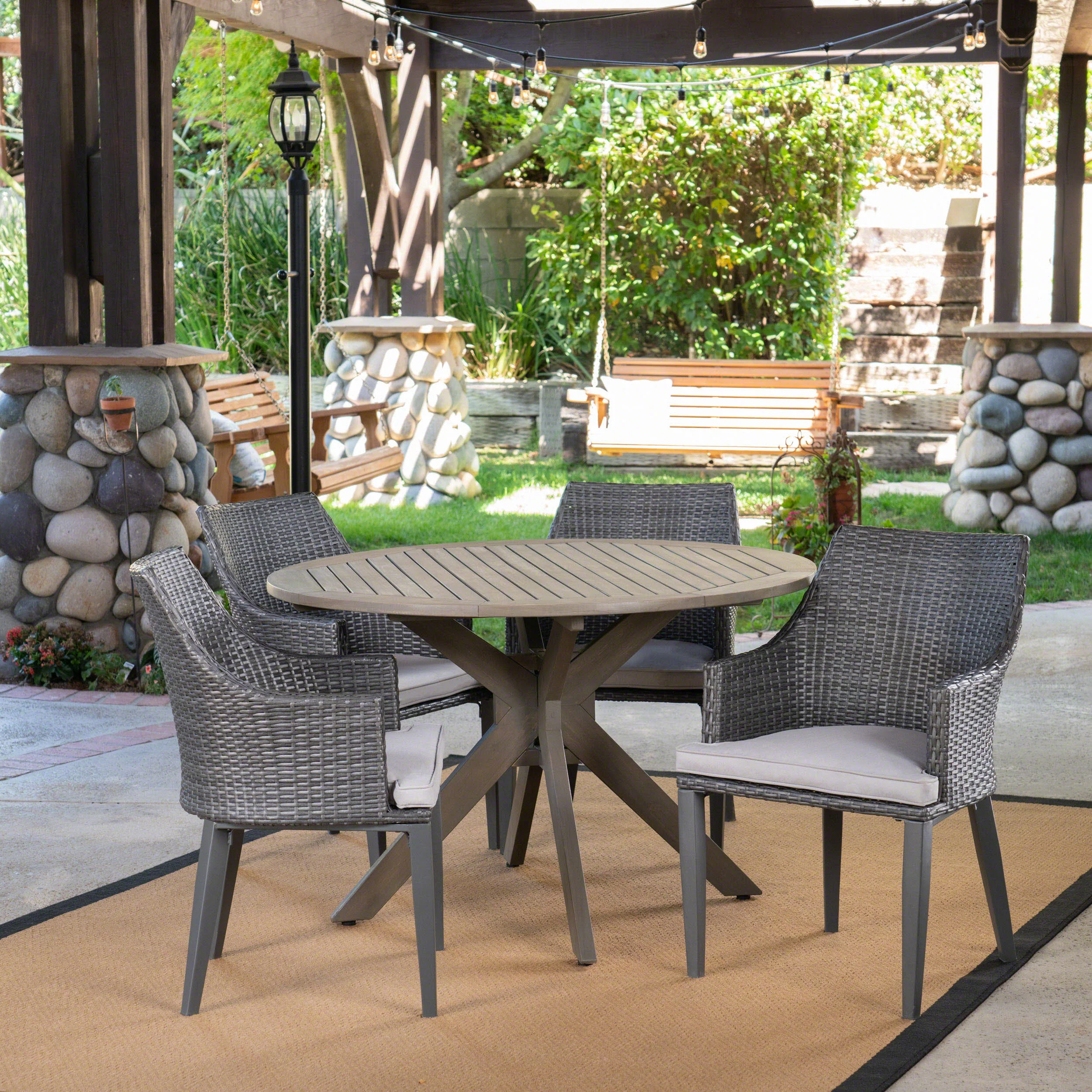 Linsey Outdoor 5 Piece Wood and Wicker Dining Set, Gray and Gray - furnishings