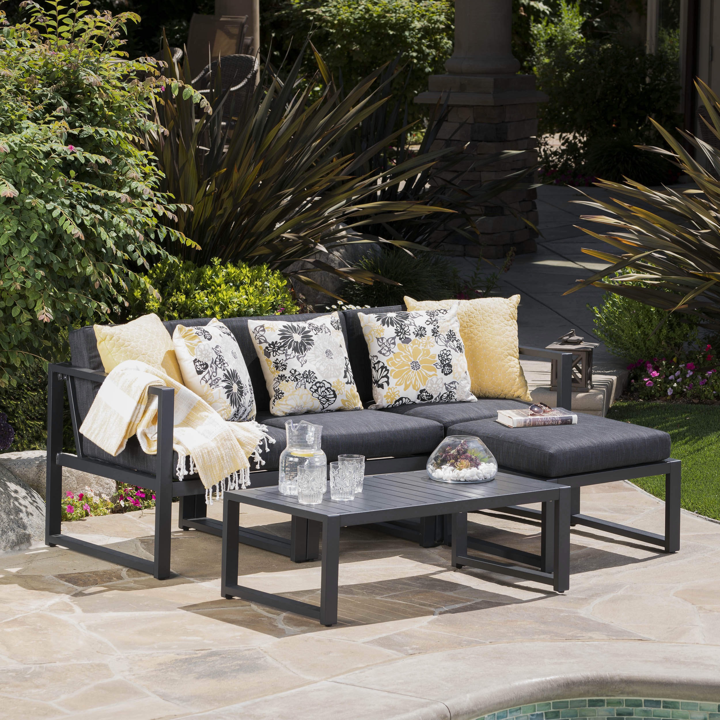 Nealie Modern Outdoor Dark Gray Aluminum Sectional Sofa Set with Black Cushions - furnishings