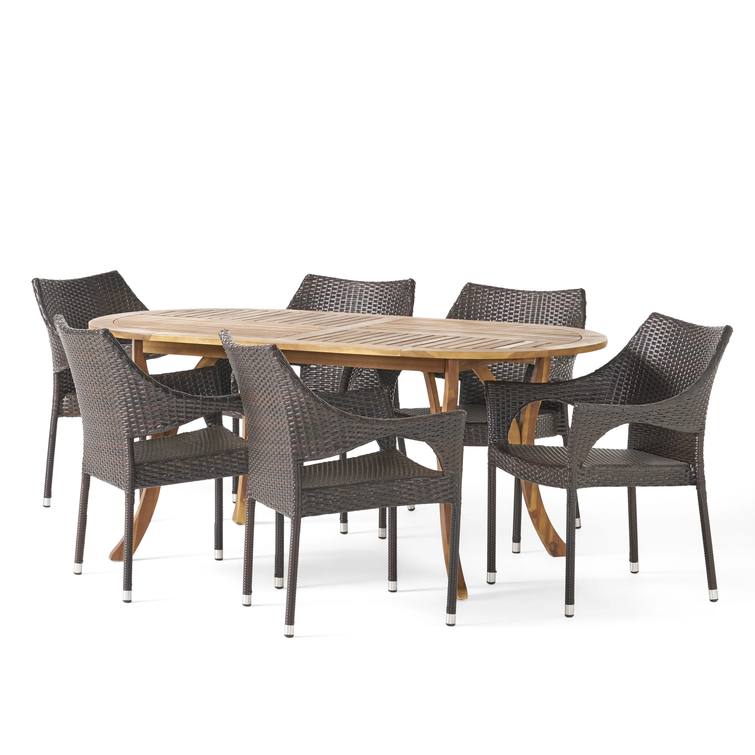 Reeder Outdoor 7 Piece Acacia Wood and Wicker Dining Set, Teak with Multi Brown Chairs - furnishings