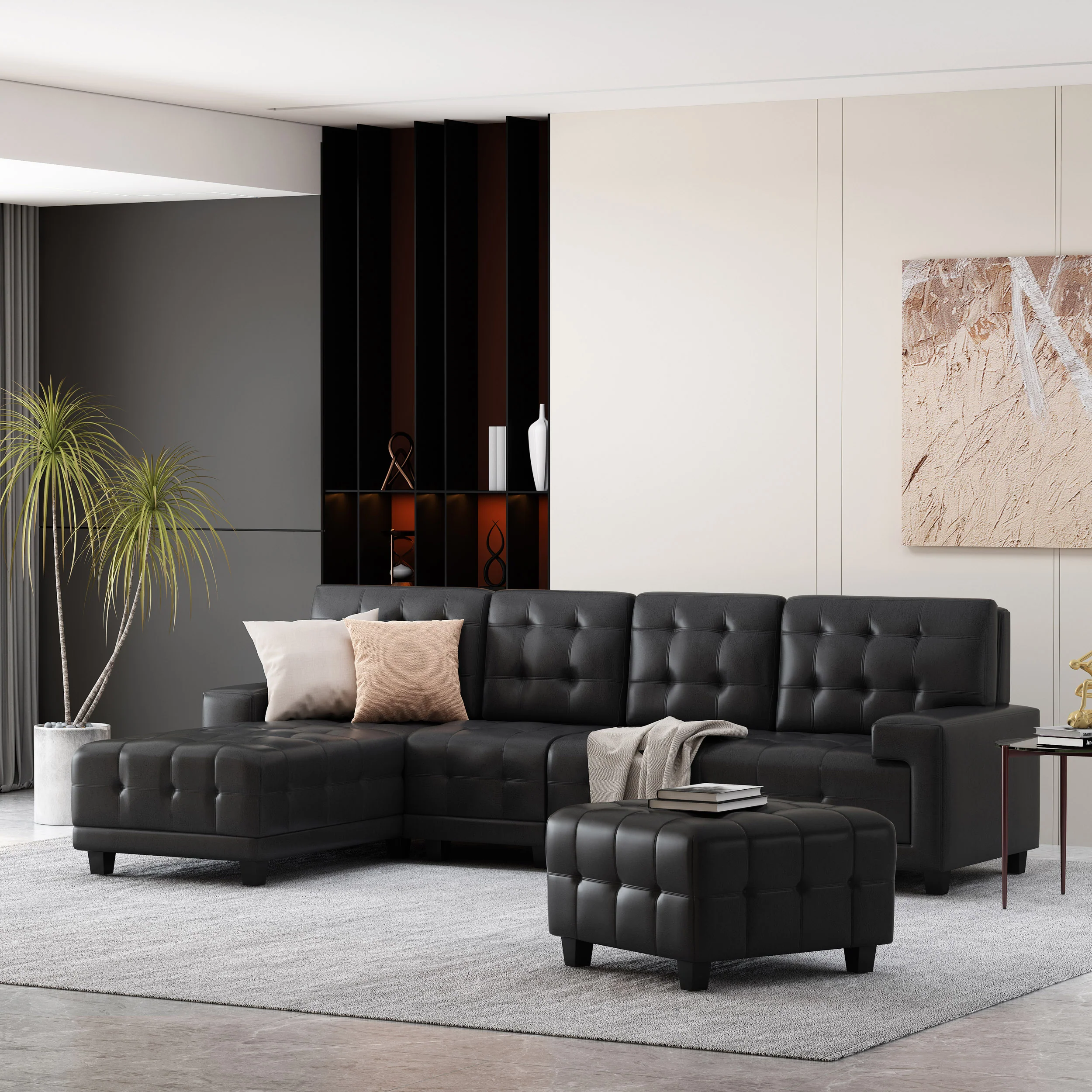 Littell Contemporary Faux Leather Tufted 4 Seater Sofa and Chaise Lounge Sectional Set with Ottoman - furnishings
