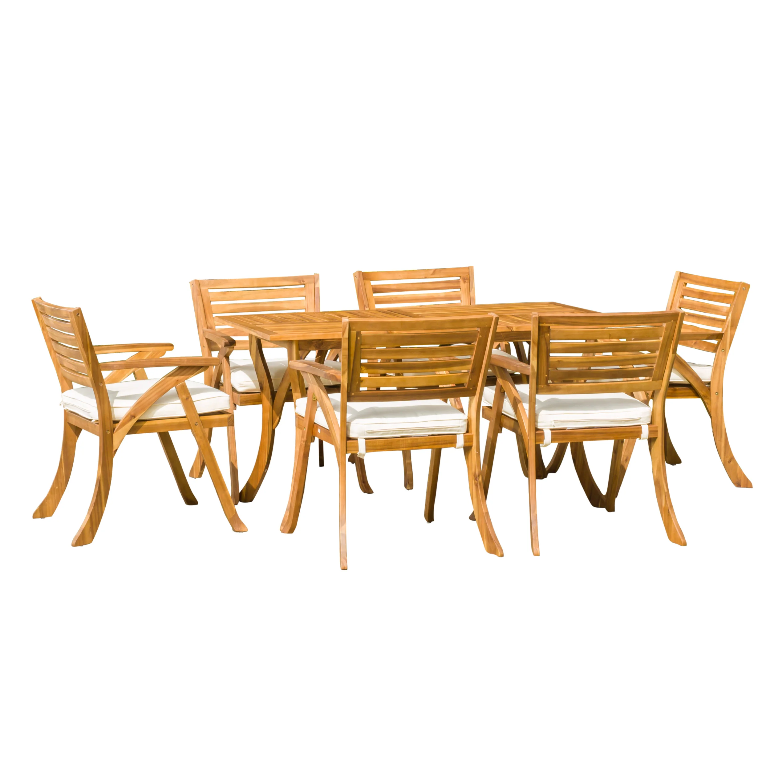 Coastside Outdoor Transitional 7-Piece Teak Acacia Wood Dining Set with Cushions - furnishings