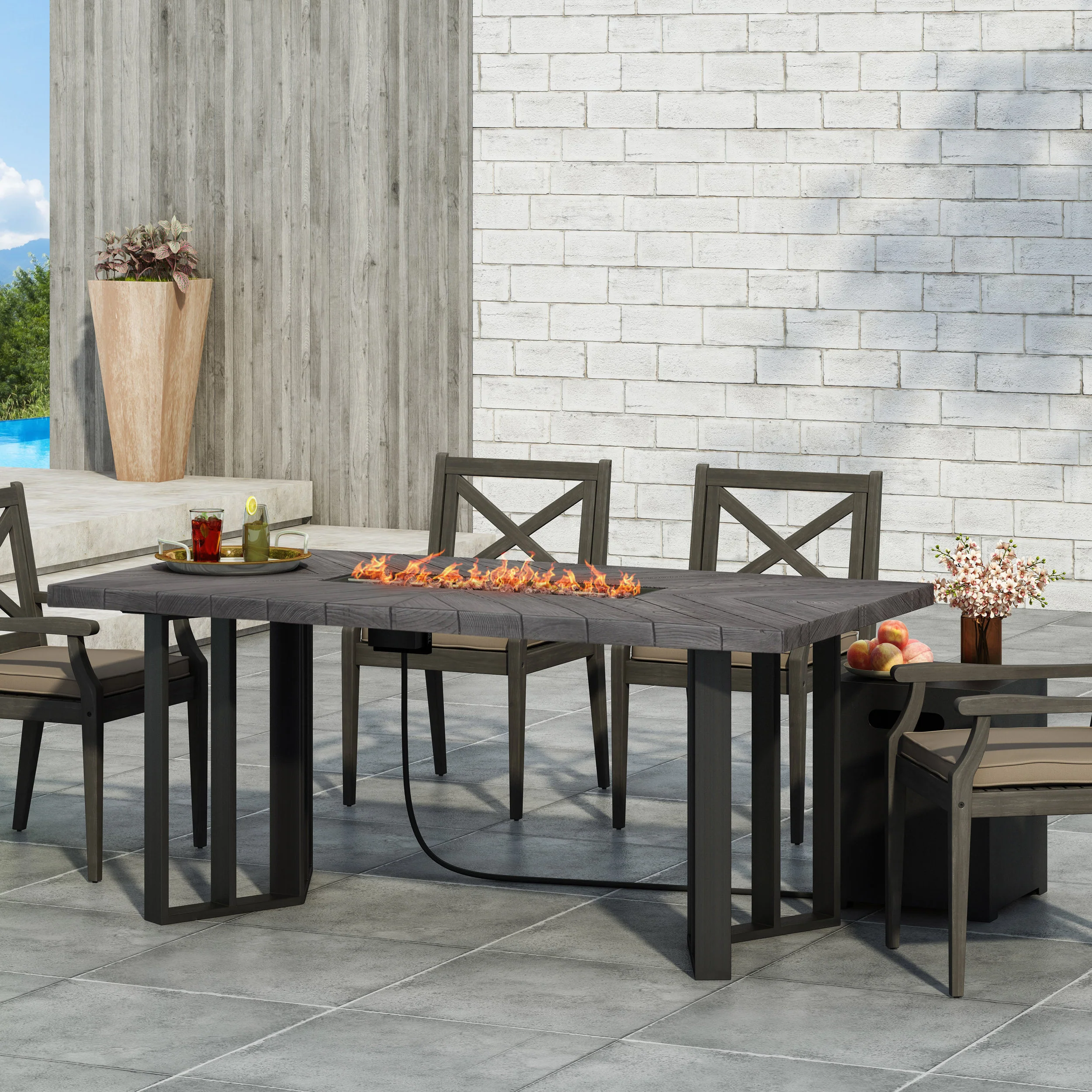 Holdaway Outdoor 40,000 BTU Fire Pit Dining Table with Tank Holder, Textured Gray Oak, Black, and Dark Gray - furnishings