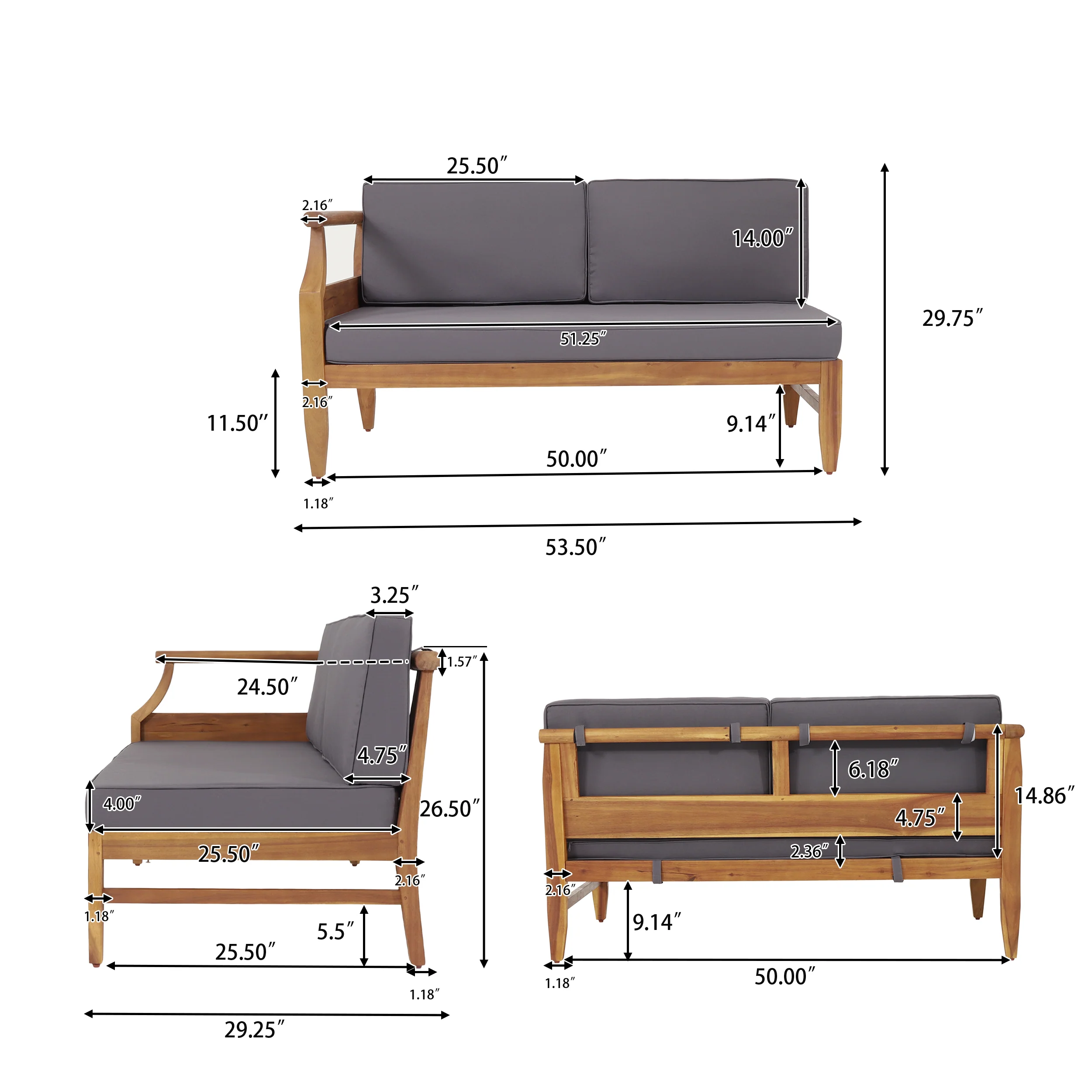 Bianca Outdoor Mid-Century Modern Acacia Wood 5 Seater Sectional Chat Set with Club Chair, Teak and Dark Gray - furnishings
