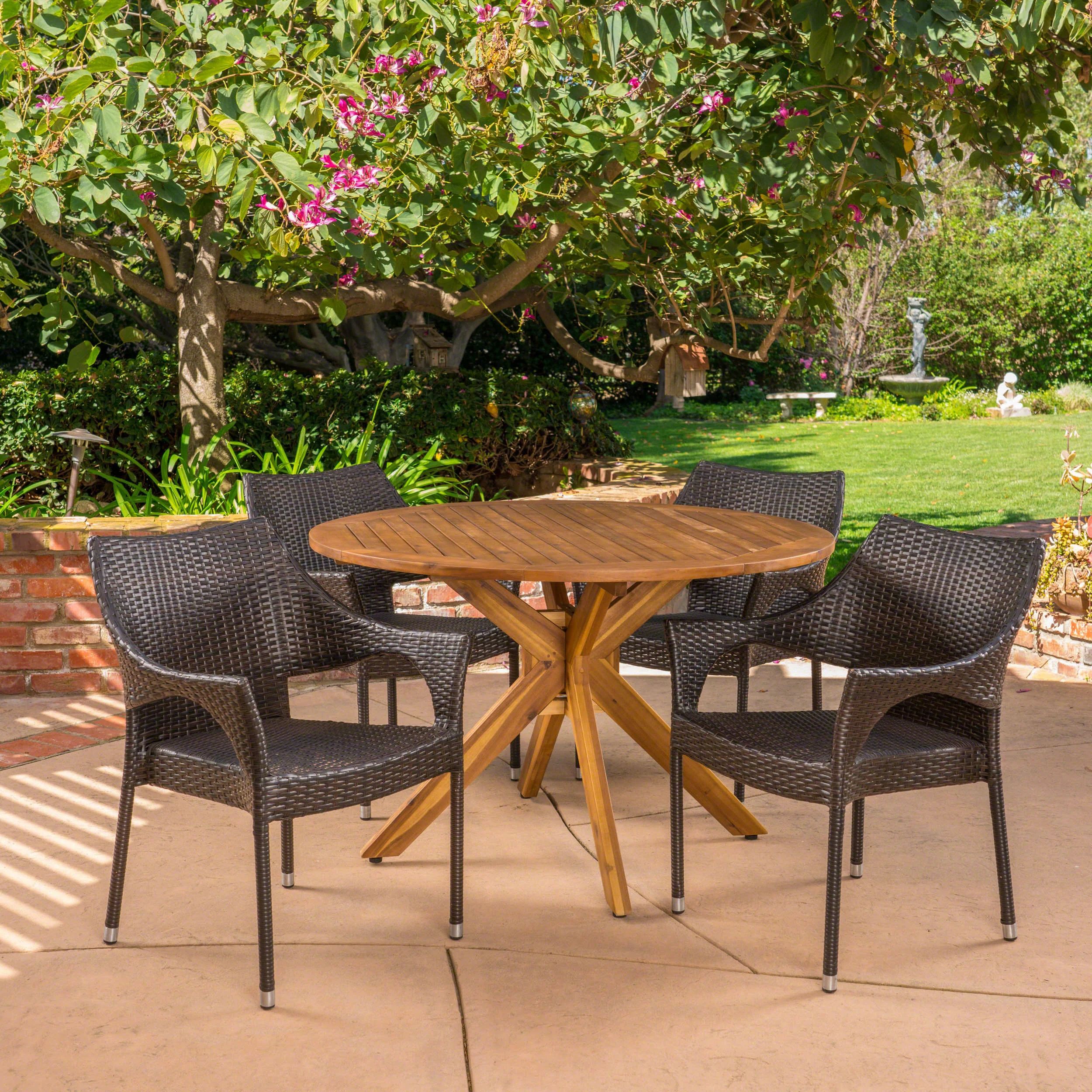 Pirav Outdoor 5 Piece Multibrown Wicker Dining Set with Teak Finish Circular Acacia Wood Dining Table - furnishings