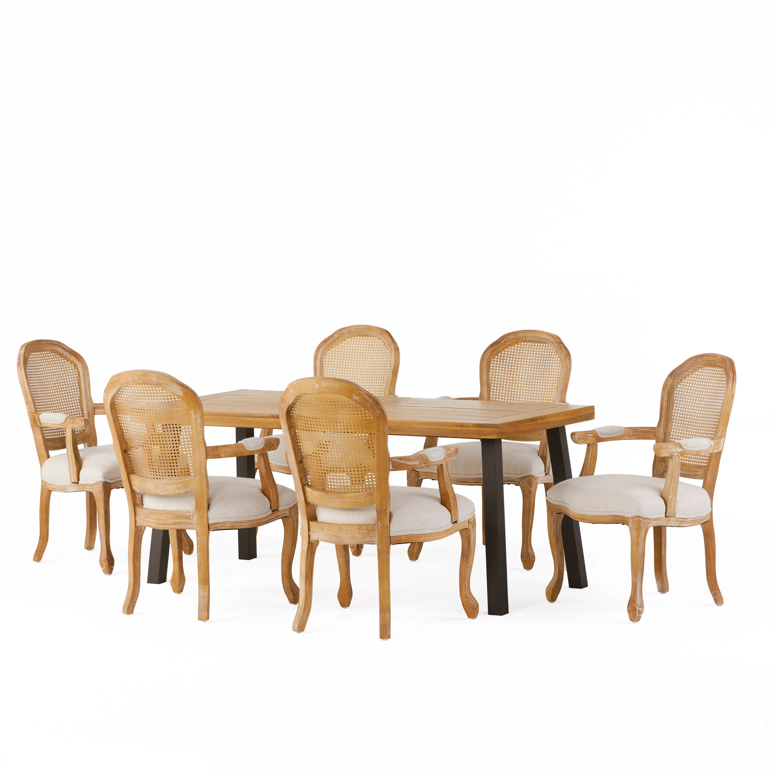 Aldrich Farmhouse Fabric Upholstered Wood and Cane 7 Piece Dining Set - furnishings