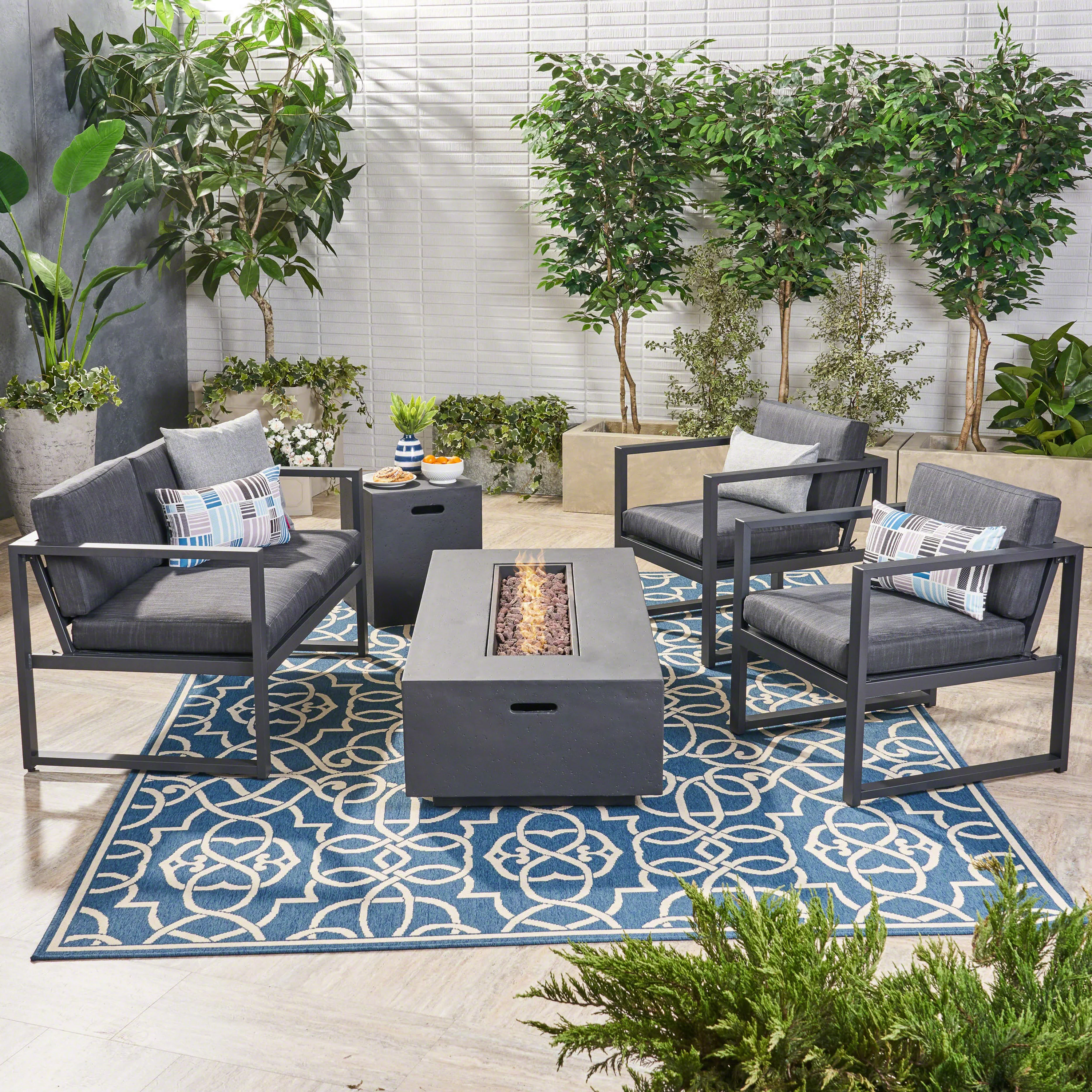 Jude Outdoor Aluminum 4 Seater Chat Set with Fire Pit - furnishings