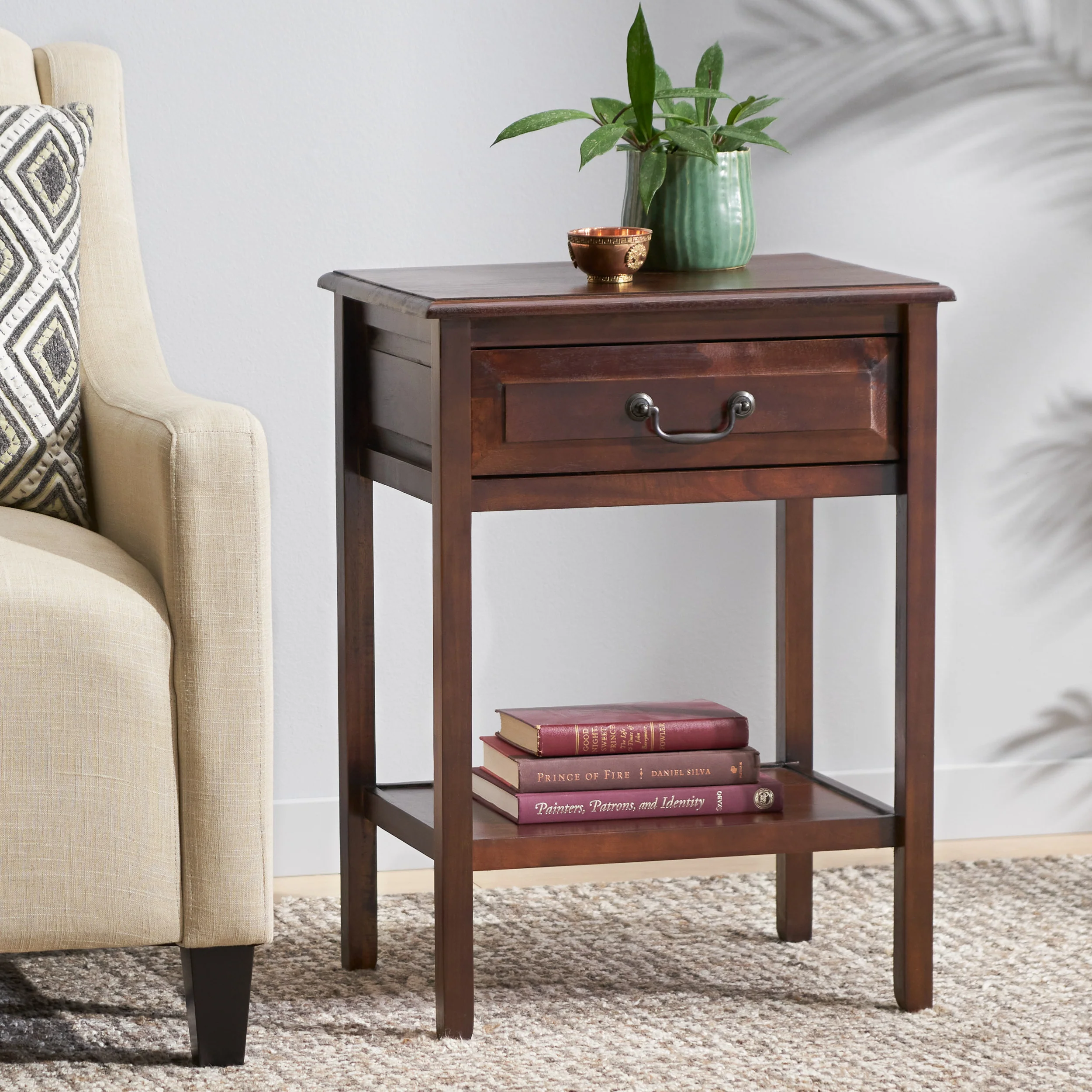Noah Traditional Brown Mahogany Acacia Wood Accent Table with Top Drawer - furnishings