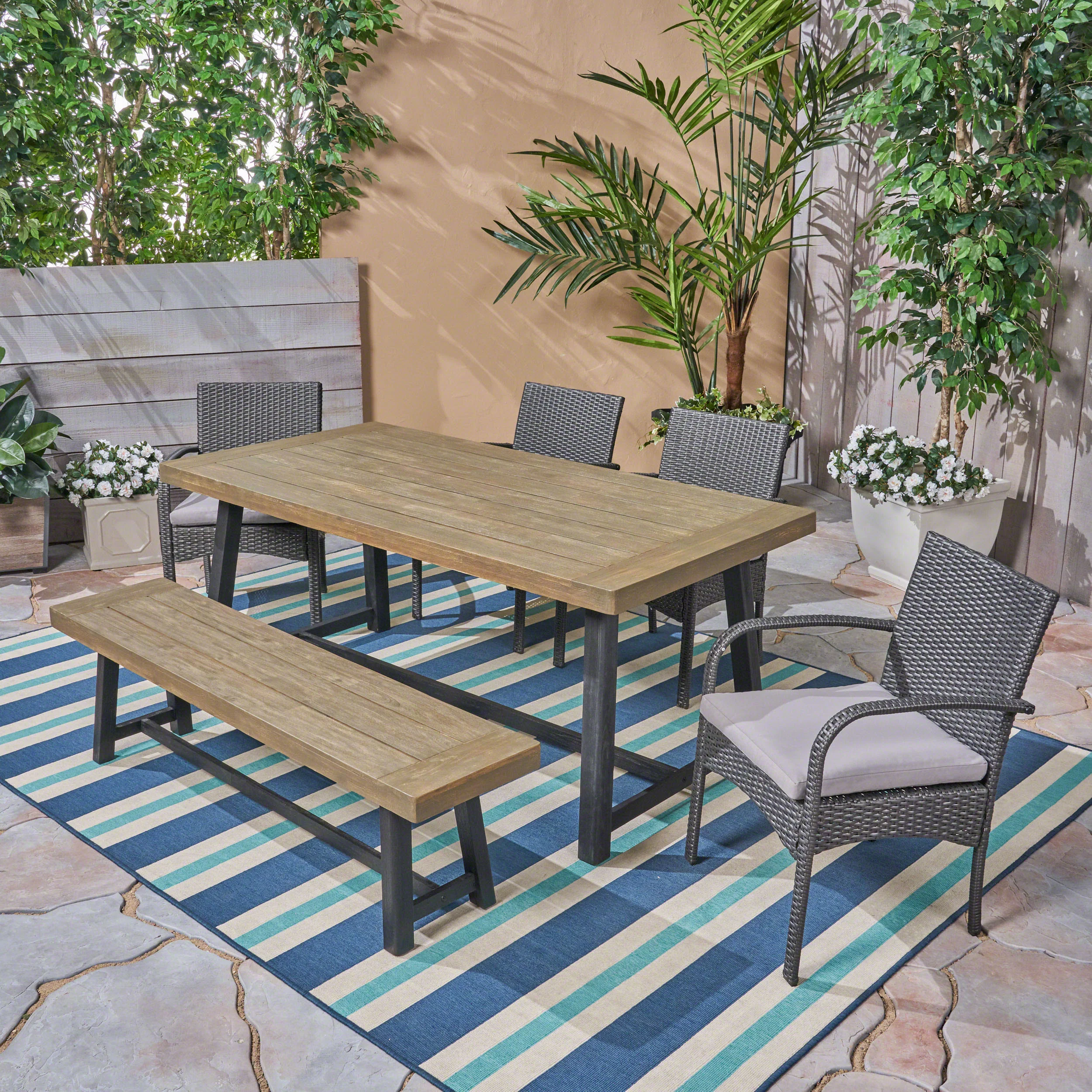 Temorah Outdoor 6 Piece Dining Set with Wicker Chairs and Bench - furnishings