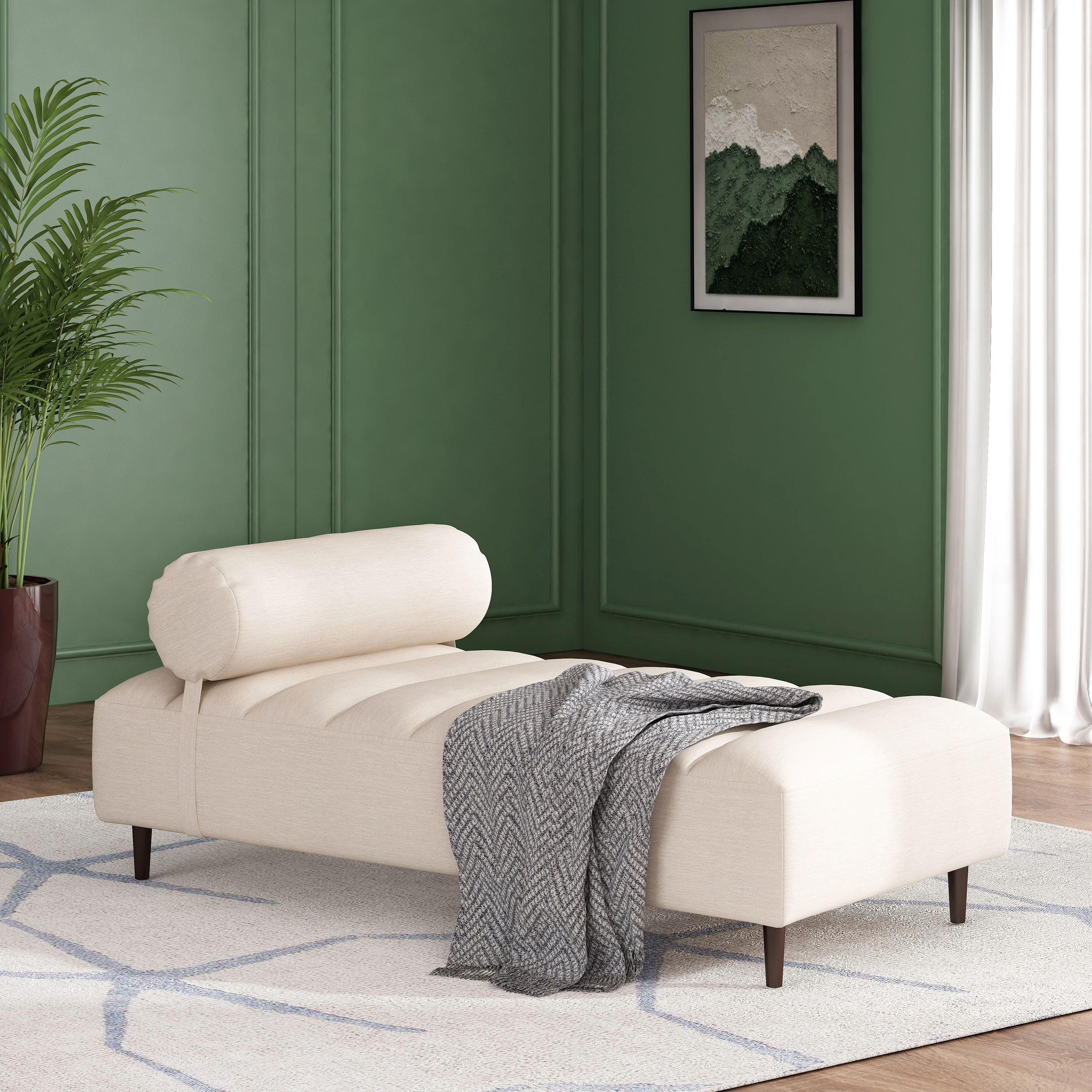 Holmwood Mid Century Modern Fabric Tufted Chaise Lounge with Bolster Pillow - furnishings