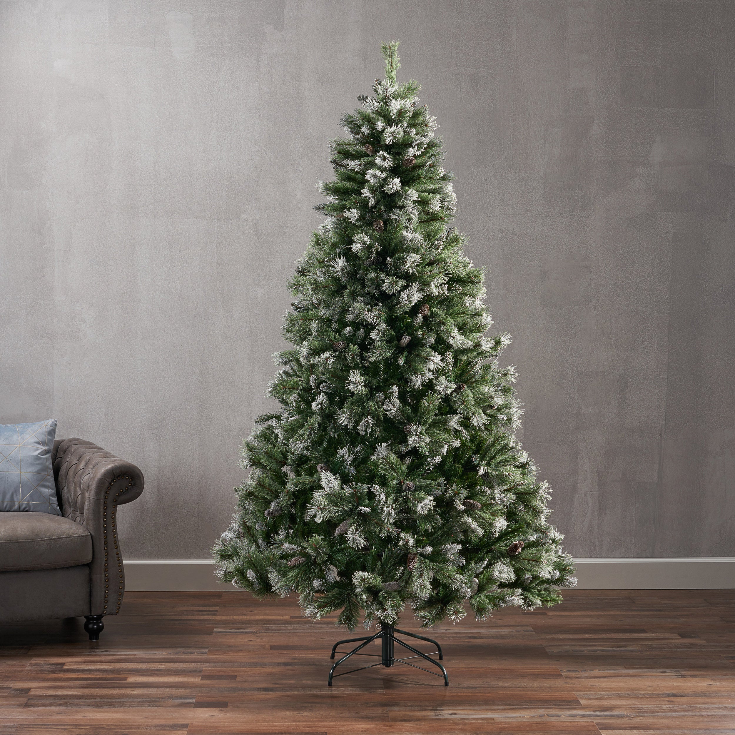 7-foot Cashmere Pine and Mixed Needles Hinged Artificial Christmas Tree with Snow and Glitter Branches and Frosted Pinecones - furnishings