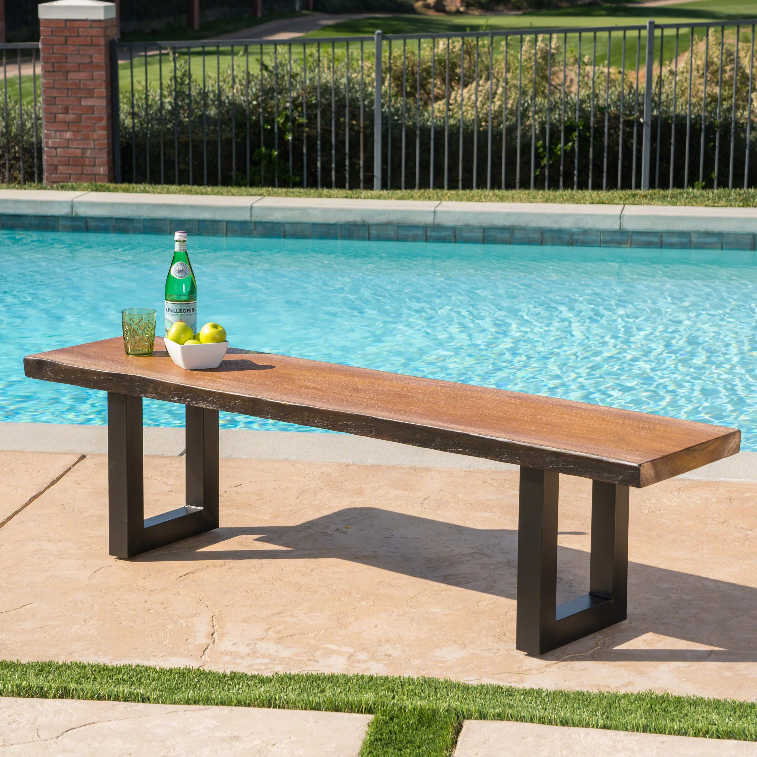 Ishtar Outdoor Faux Live Edge Teak Finish Lightweight Concrete Dining Bench - furnishings