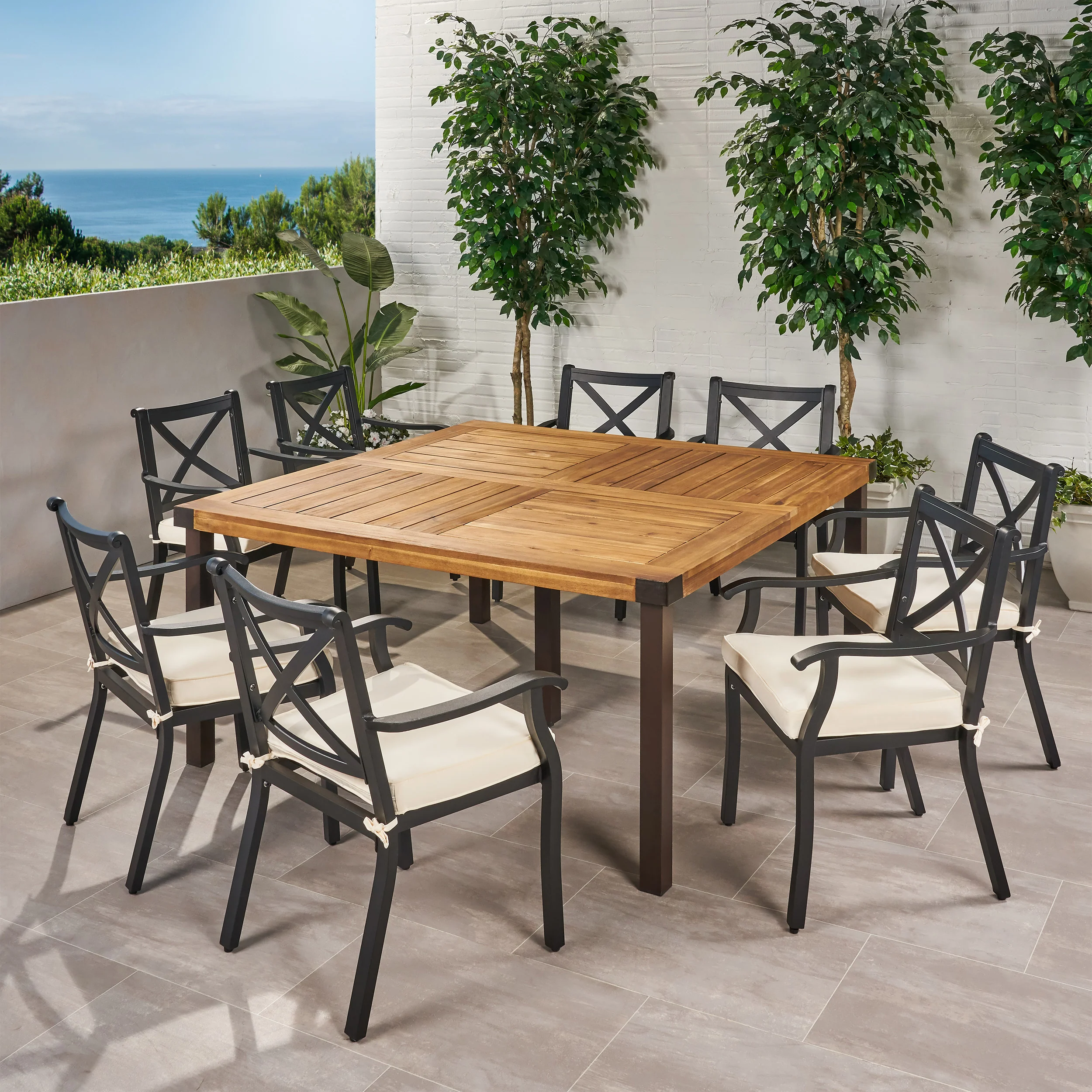 Toula Outdoor 8 Seater Acacia Wood and Cast Aluminum Dining Set with Cushions - furnishings