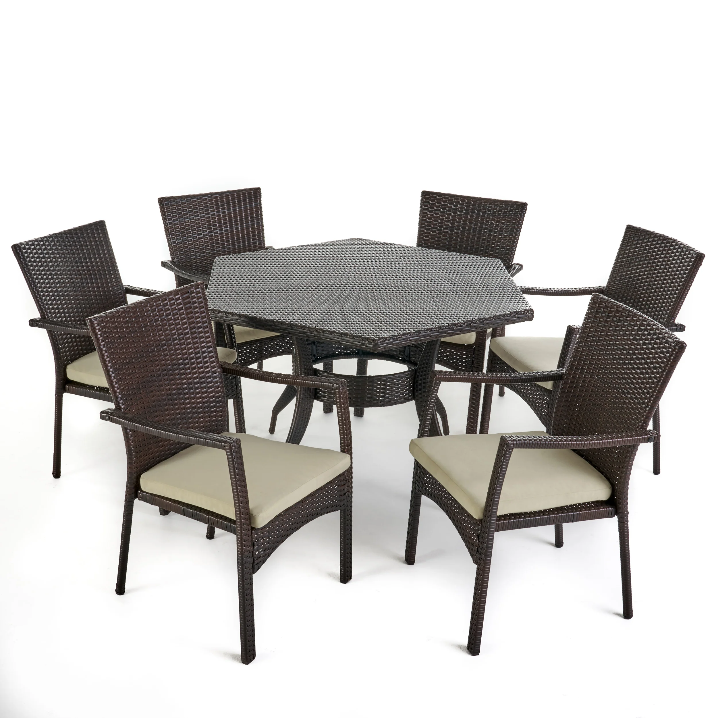 Bartley Outdoor 7 Piece Wicker Hexagon Dining Set with Brown Wicker Chairs - furnishings