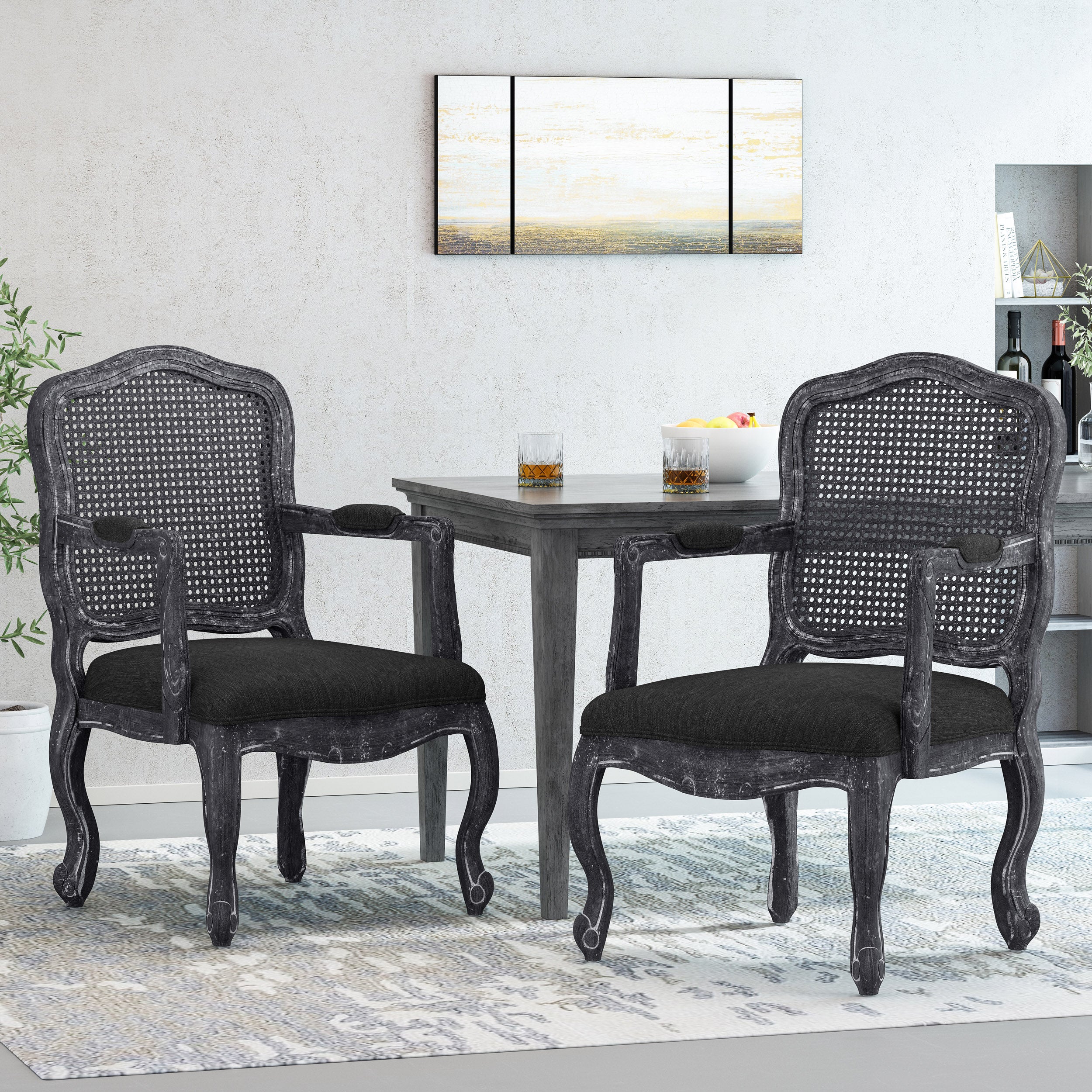 Biorn French Country Wood and Cane Upholstered Dining Armchair - furnishings