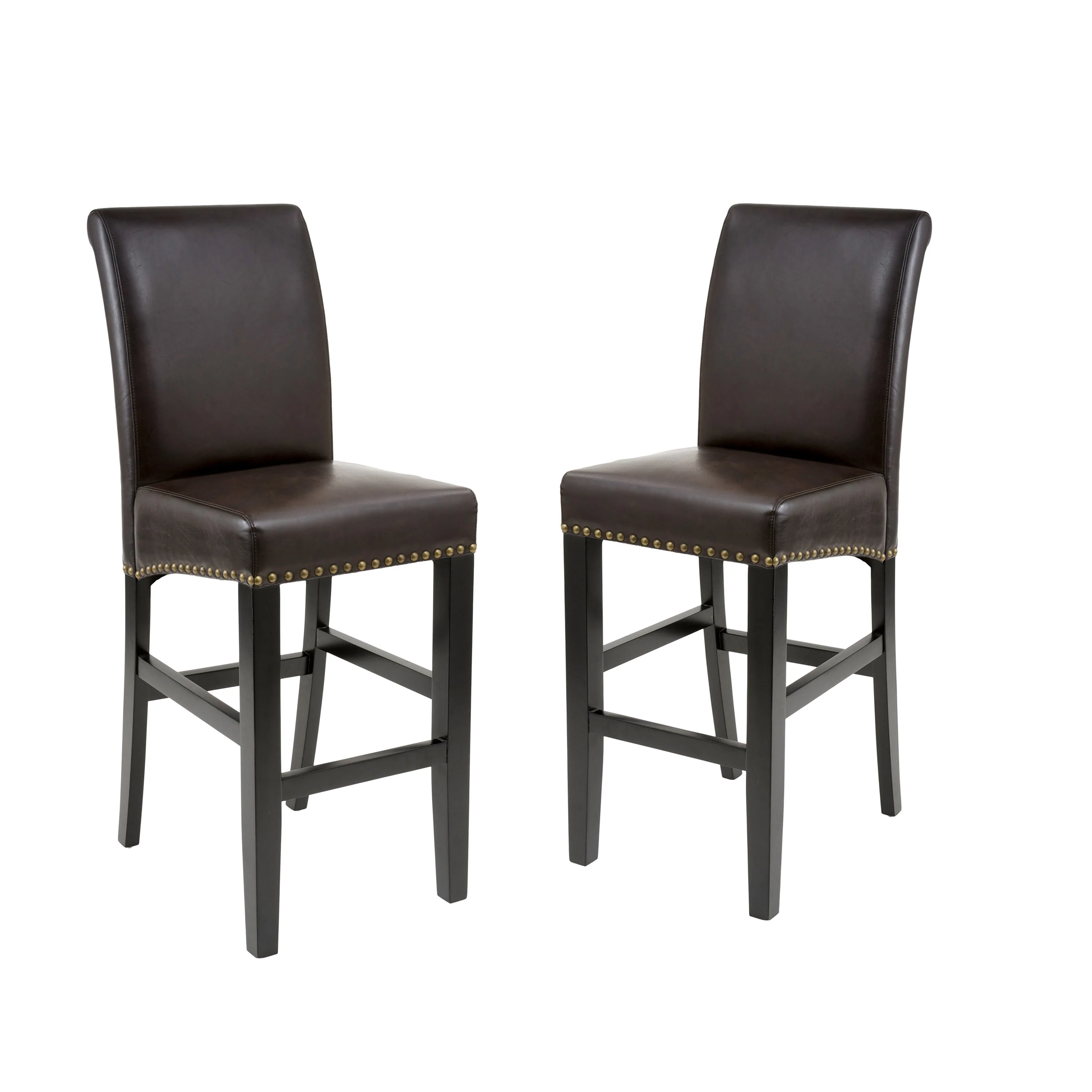 Jazzman Contemporary Bonded Leather Upholstered 30 Inch Barstools with Nailhead Trim, Set of 2, Brown and Matte Black - furnishings