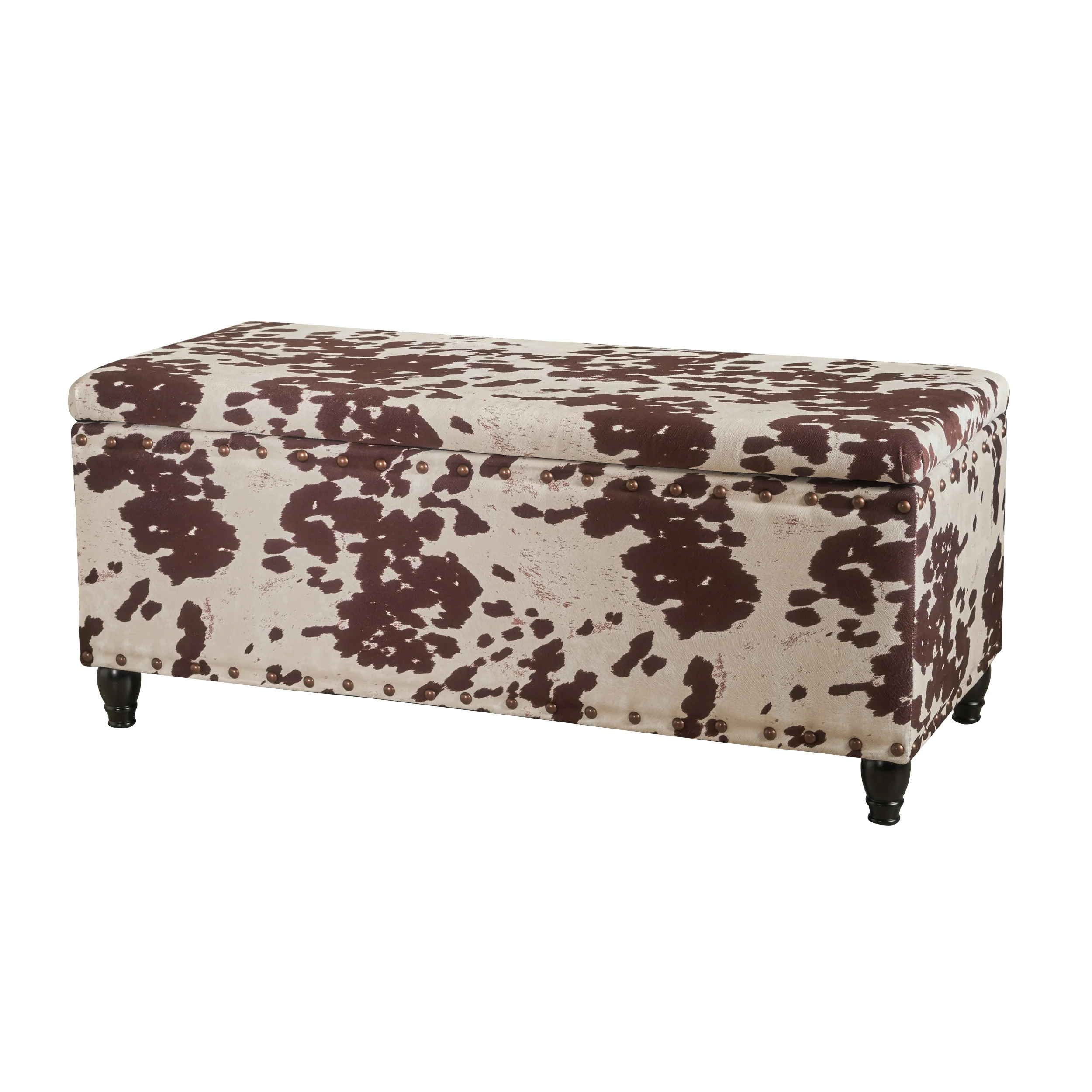 Tatiana Contemporary Velvet Storage Ottoman with Nailhead Trim, Milk Cow Pattern and Dark Brown - furnishings