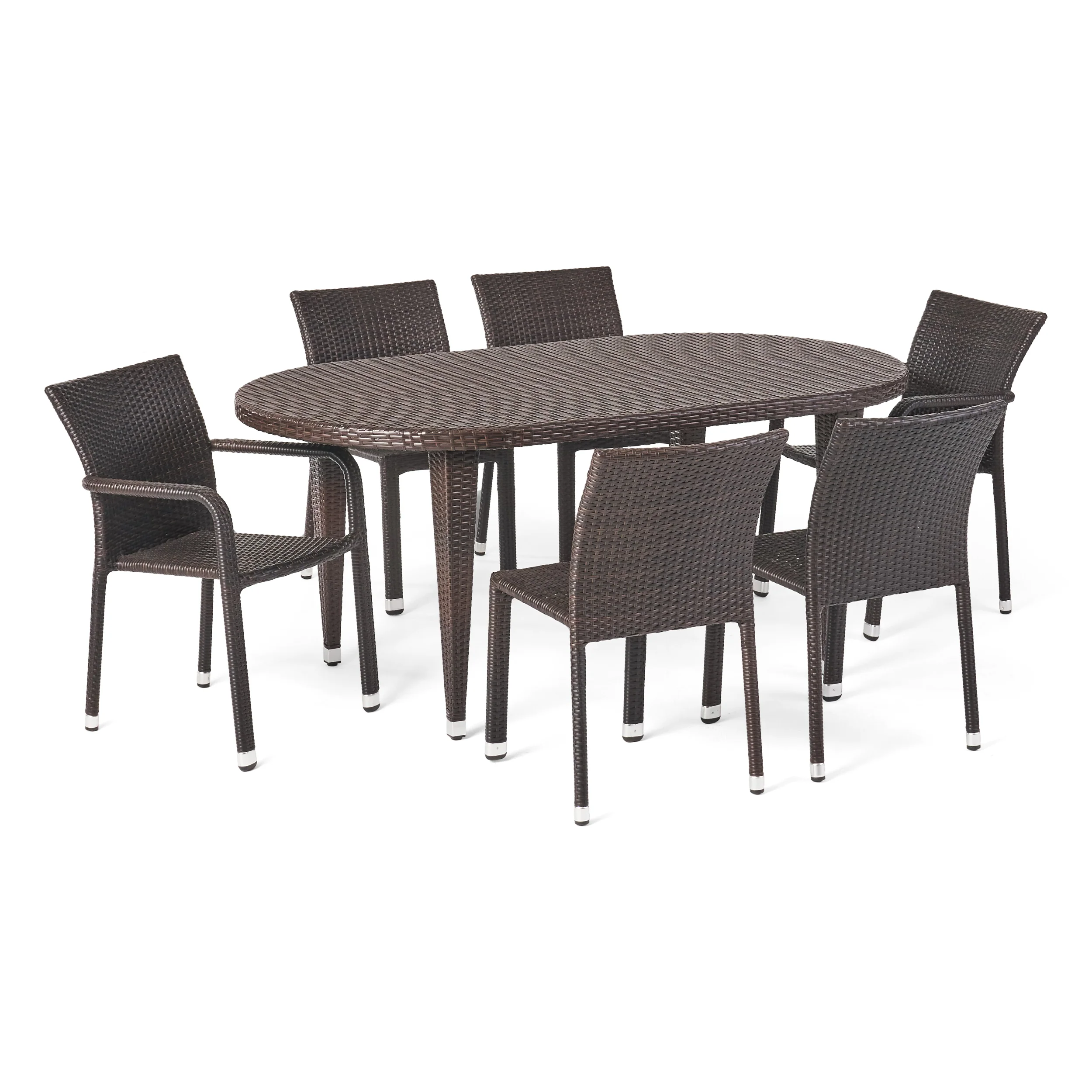 Evanch Outdoor 7 Piece Multi-brown Wicker Oval Dining Set with Stacking Chairs - furnishings