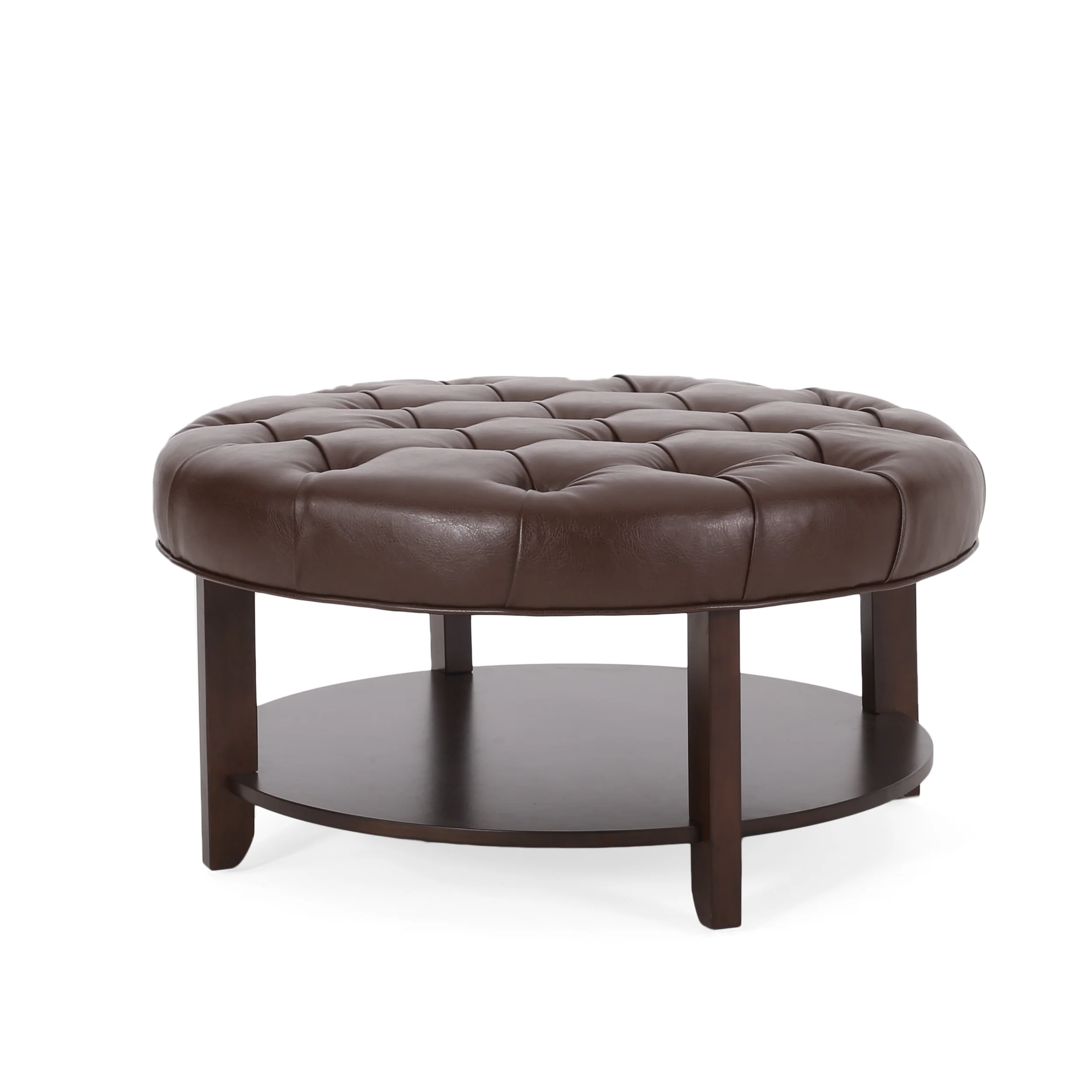 Baynes Contemporary Faux Leather Tufted Wood Round Ottoman with Open Shelf - furnishings