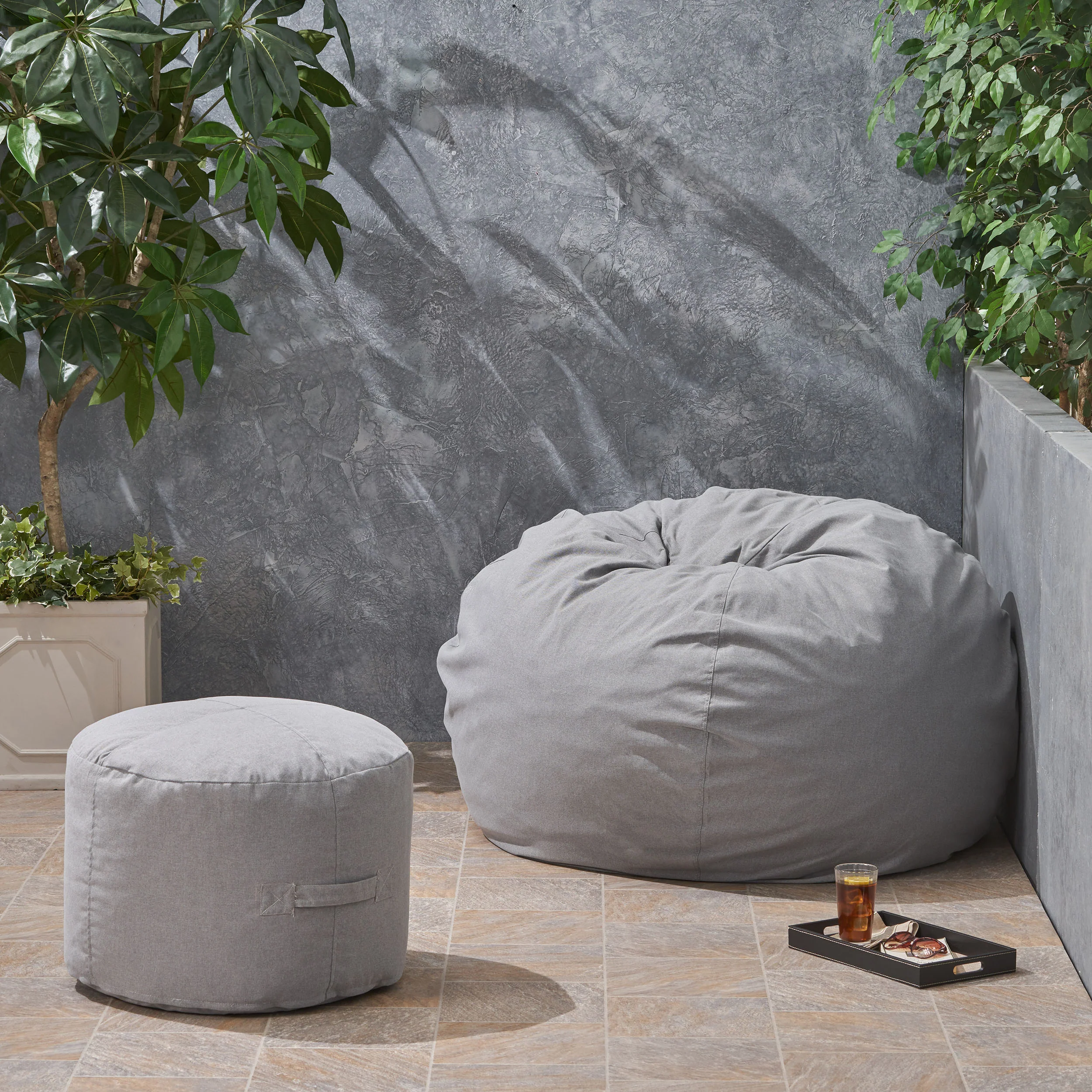 Cavalia Bay Outdoor Water Resistant 4.5 Bean Bag and 2 Ottoman Pouf Set - furnishings
