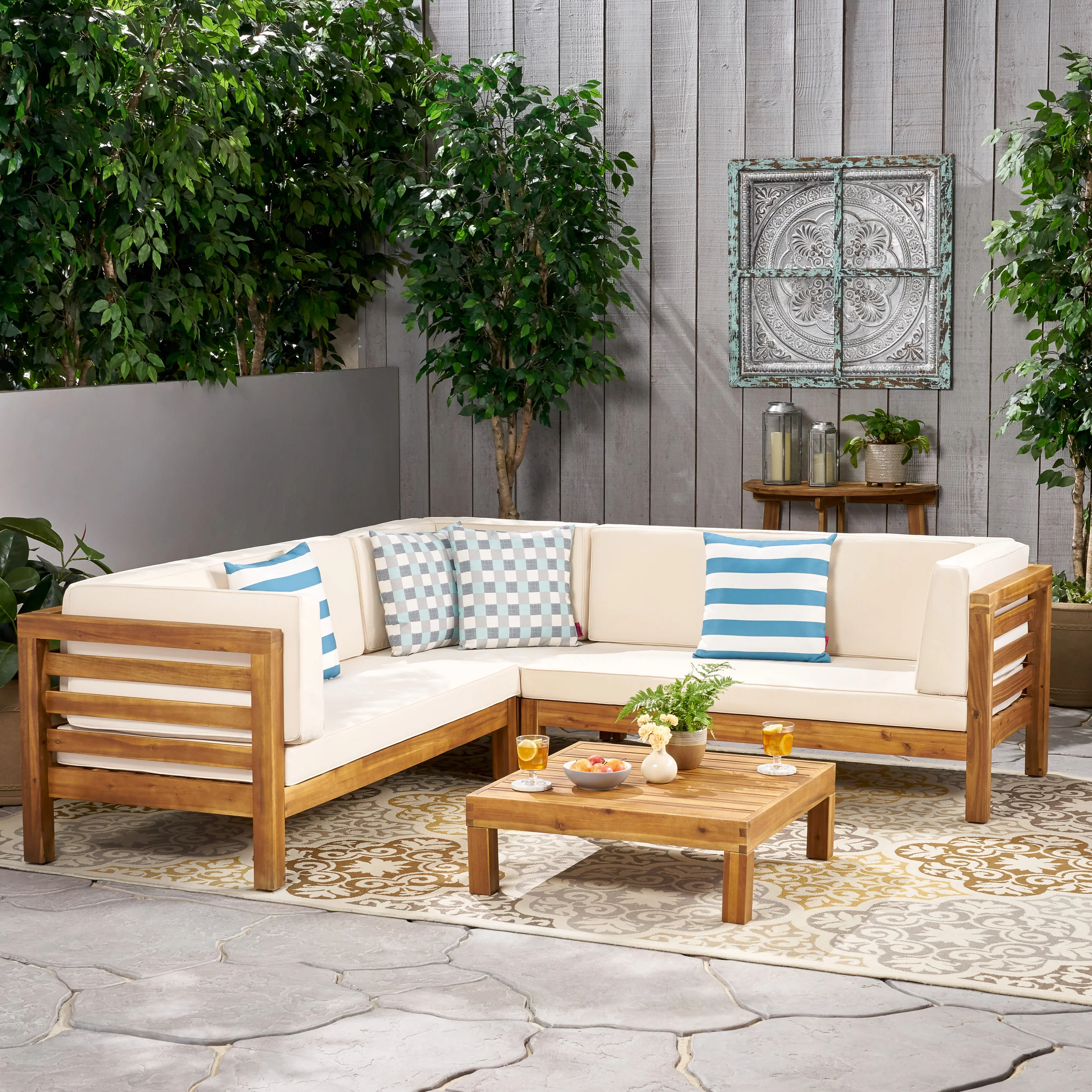 Ravello 4 Piece Outdoor Wooden Sectional Set with Cushions - furnishings