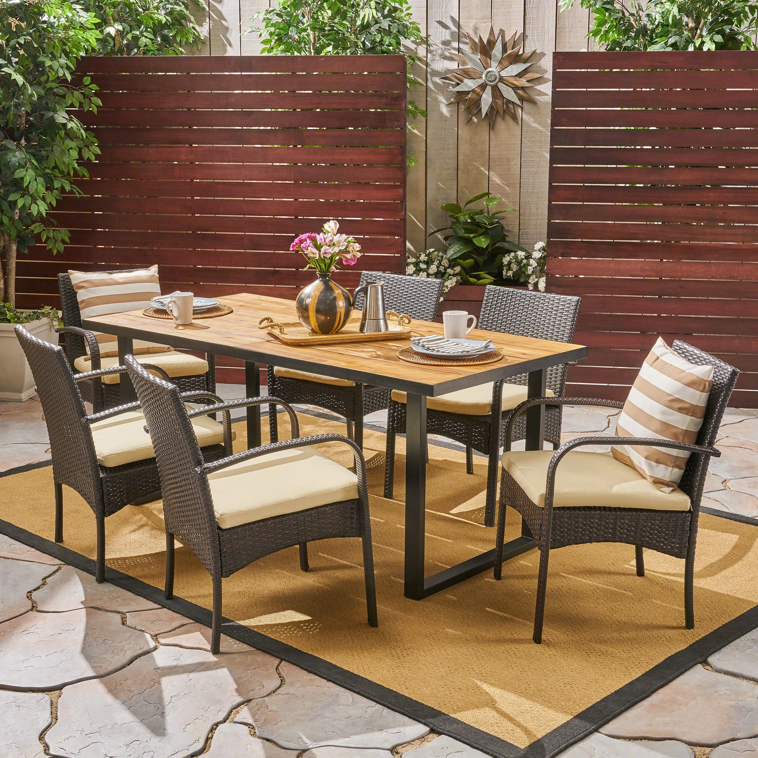 Amenda Outdoor 6-Seater Rectangular Acacia Wood and Wicker Dining Set, Teak with Black and Multi Brown with Cream - furnishings