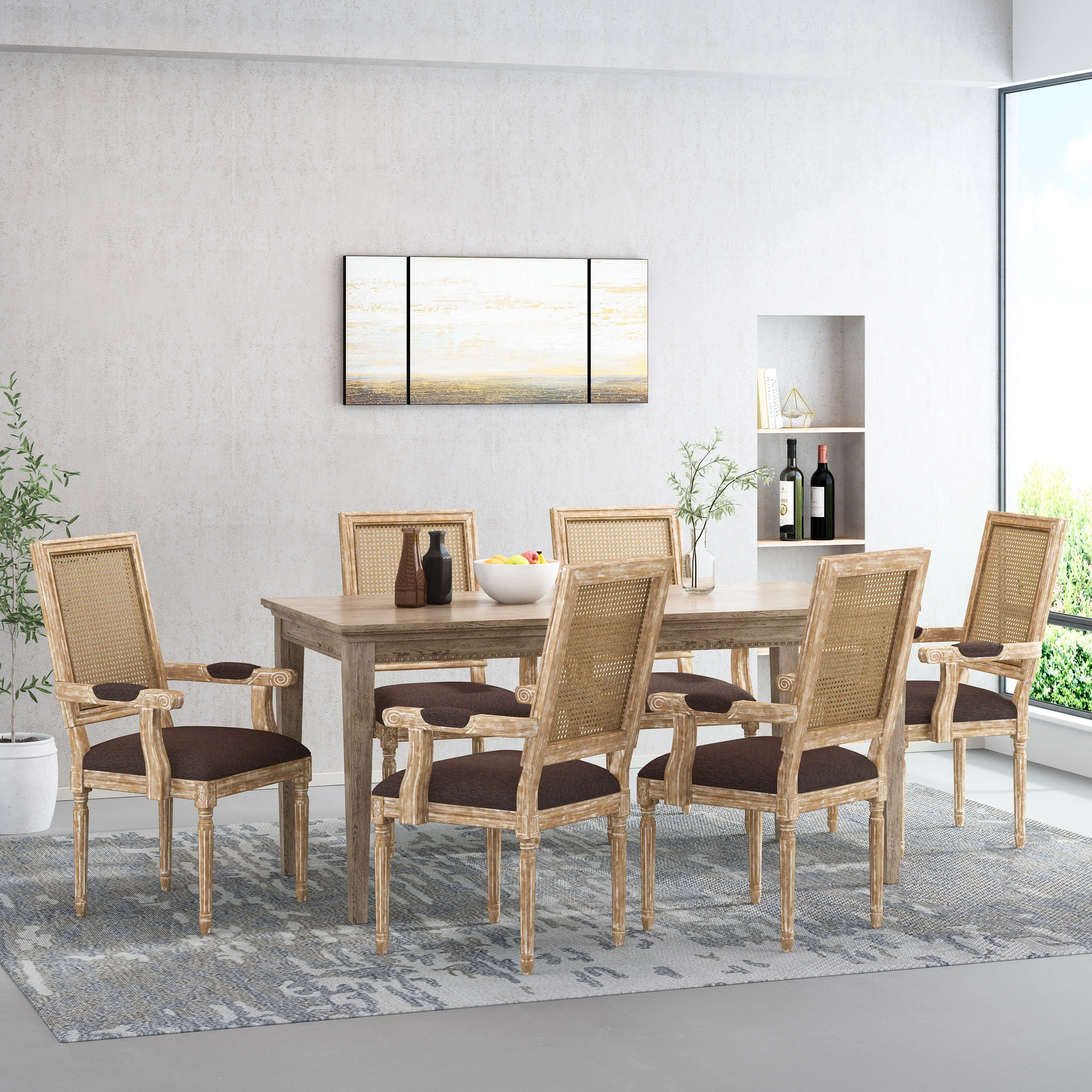 Zentner French Country Upholstered Wood and Cane Upholstered Dining Chairs, Set of 6 - furnishings