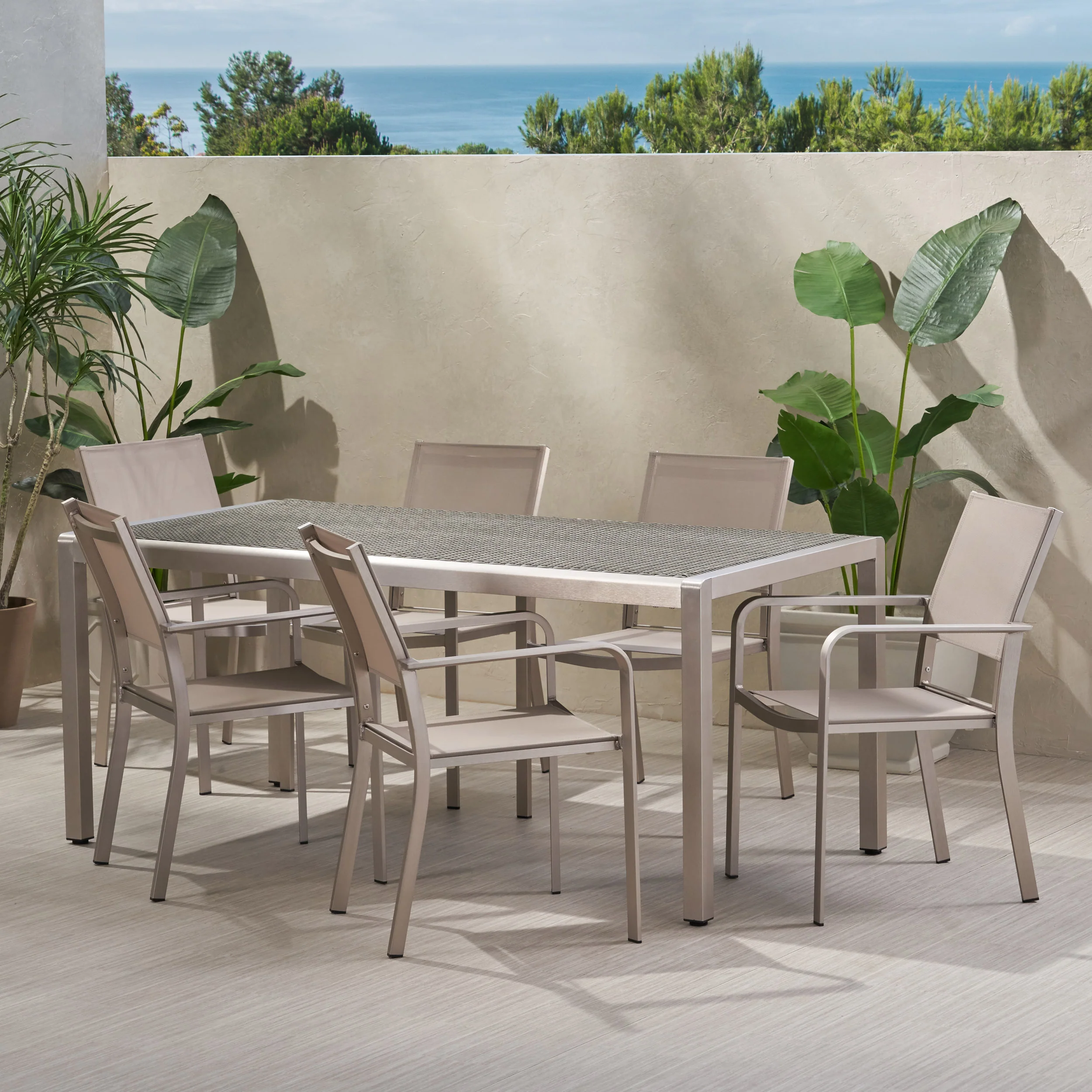 Thali Outdoor Modern 6 Seater Aluminum Dining Set with Wicker Table Top - furnishings