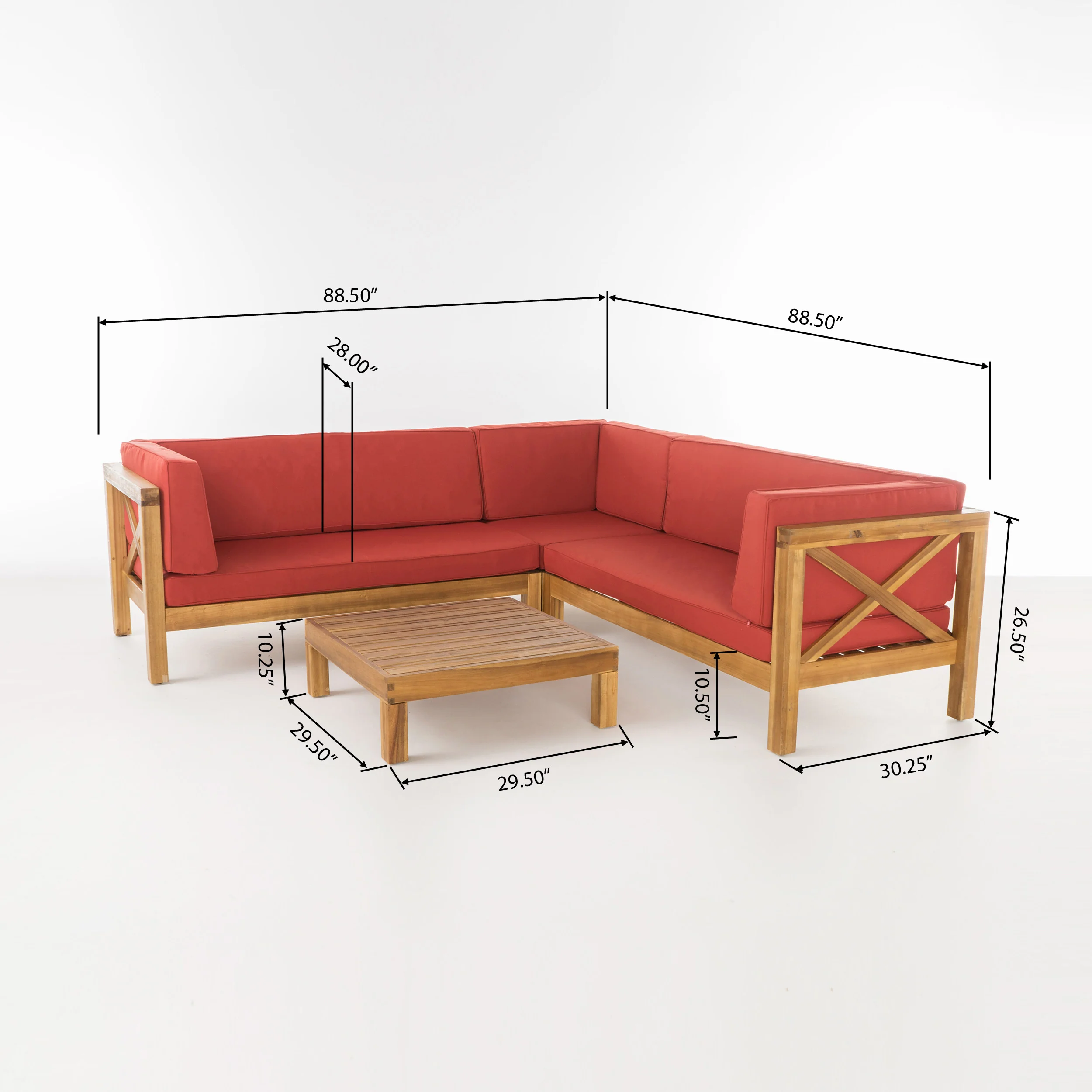 Brava Outdoor 4 Piece V-Shaped Acacia Wood Sectional Sofa and Coffee Table Set - furnishings