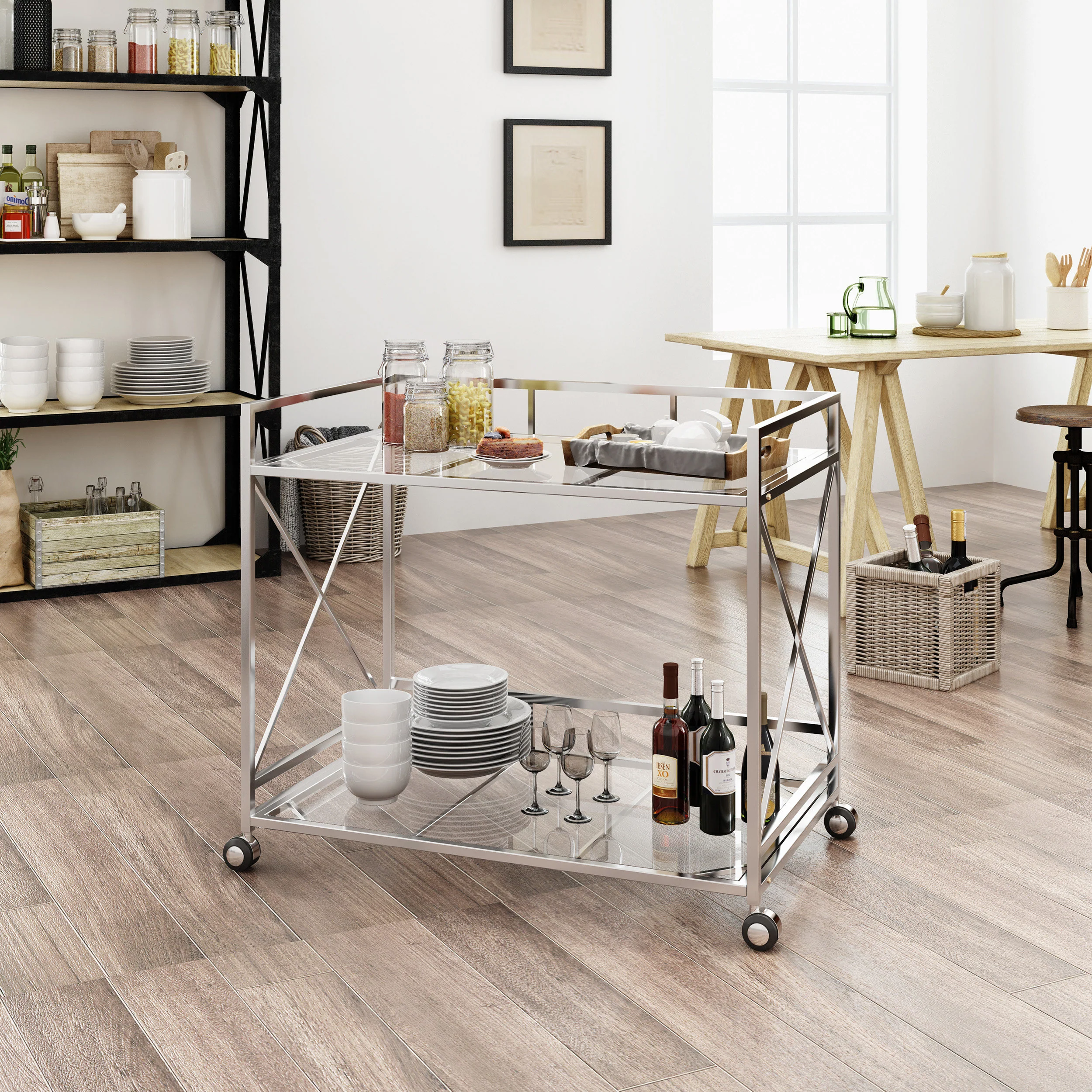Danae Modern Iron and Glass Bar Cart, Silver - furnishings
